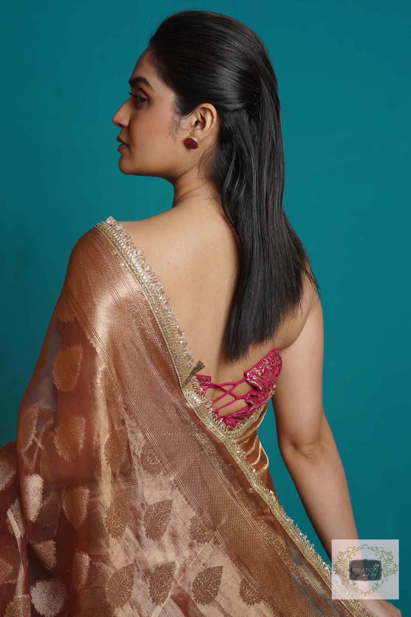Rose Gold Tissue Banarasi Saree With Gota and Sequins Border kreationbykj