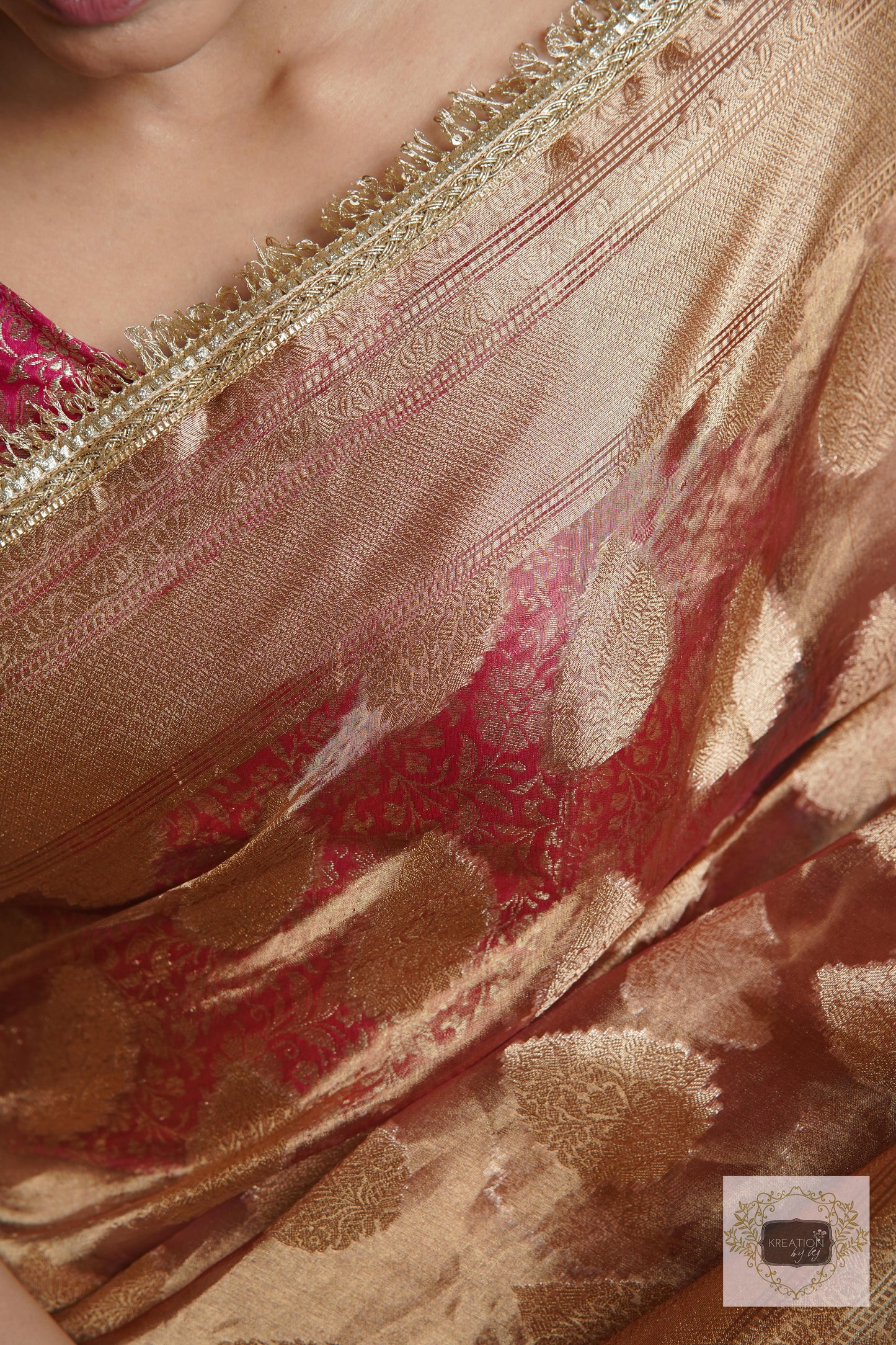 Rose Gold Tissue Banarasi Saree With Gota and Sequins Border kreationbykj