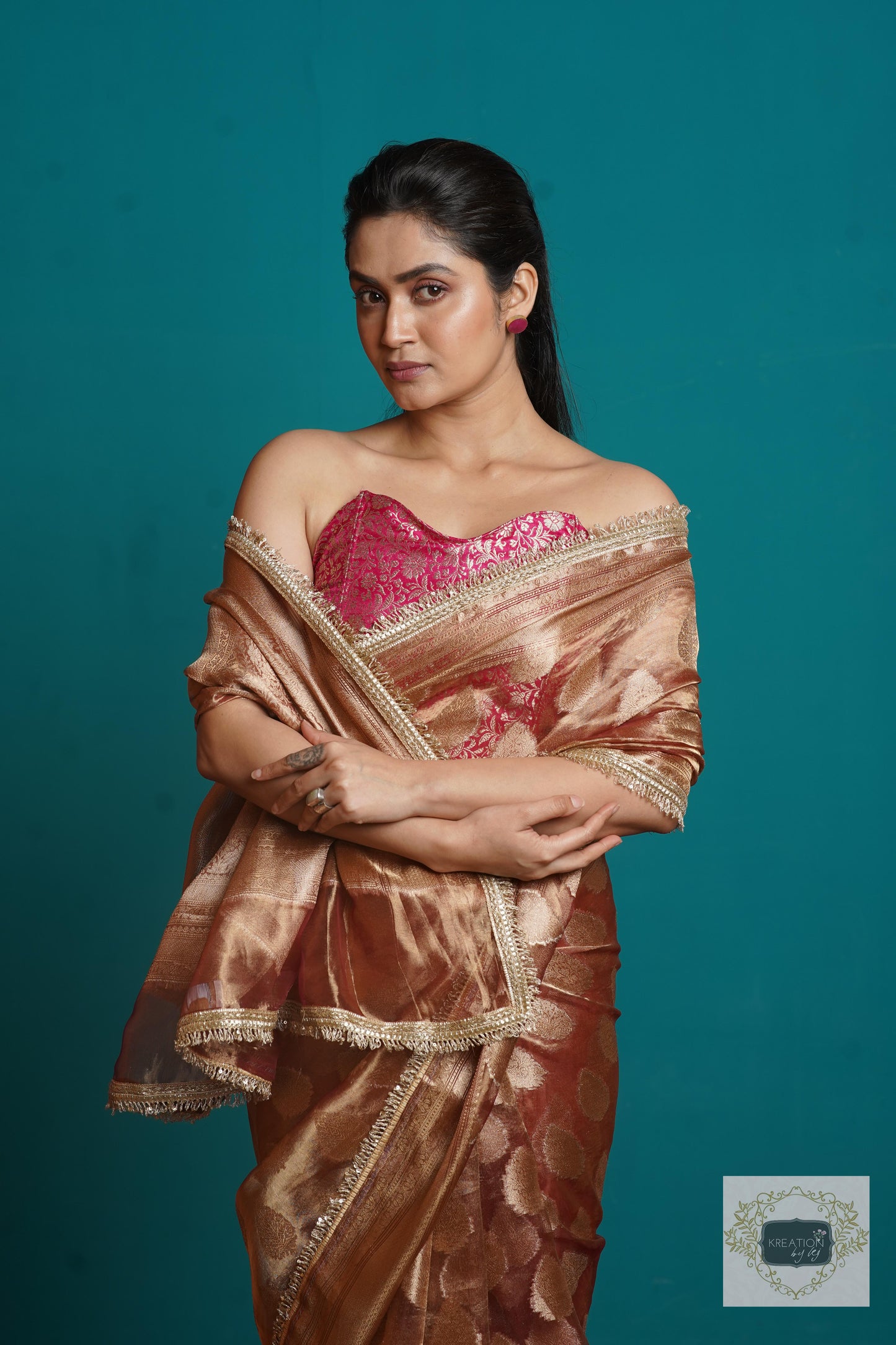 Rose Gold Tissue Banarasi Saree With Gota and Sequins Border kreationbykj