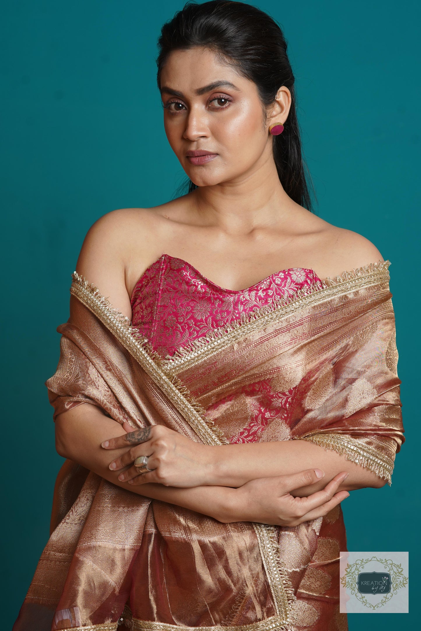 Rose Gold Tissue Banarasi Saree With Gota and Sequins Border kreationbykj