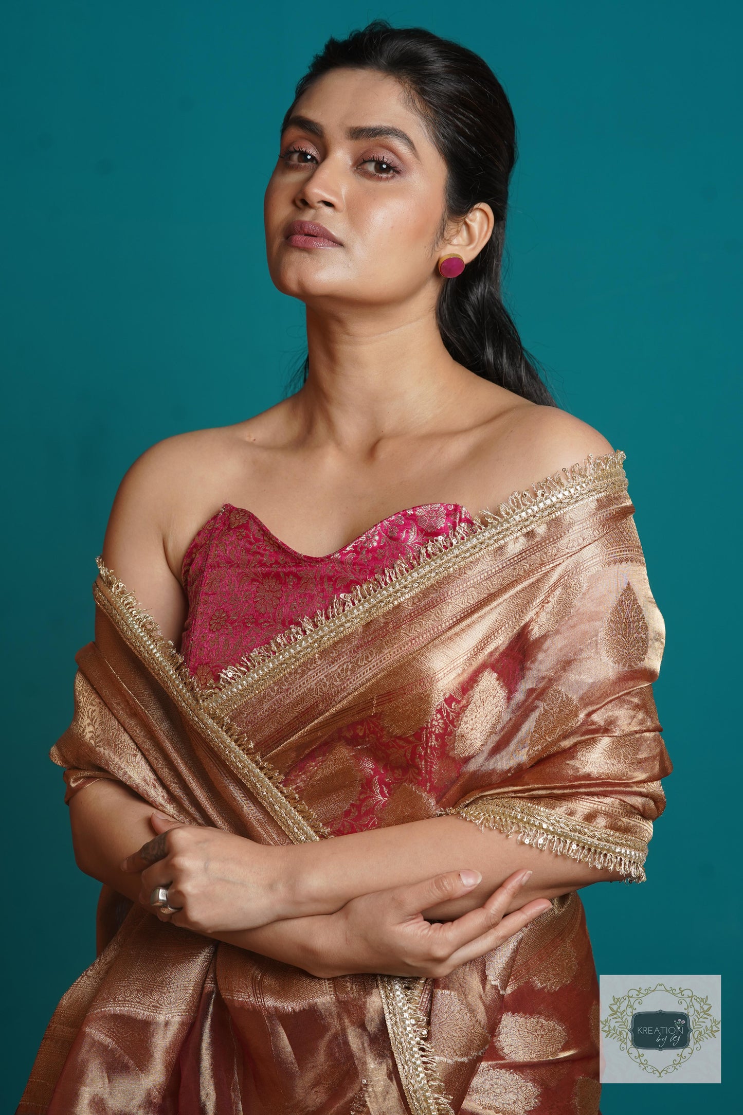 Rose Gold Tissue Banarasi Saree With Gota and Sequins Border kreationbykj