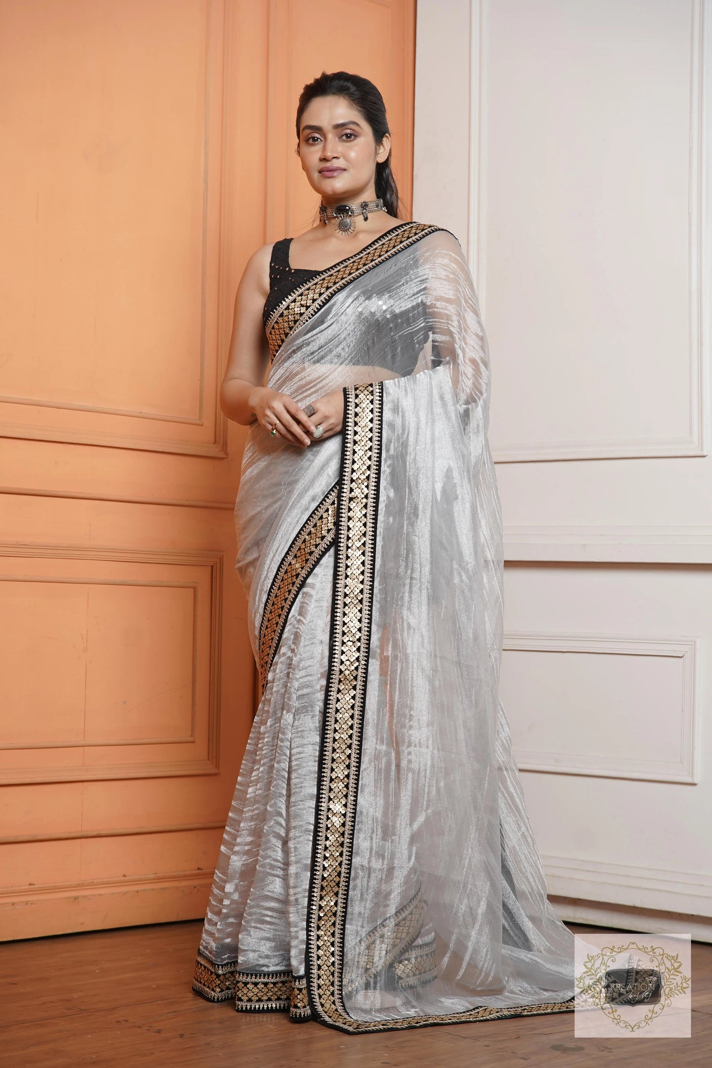Silver Zari Tissue Saree with Black Border kreationbykj