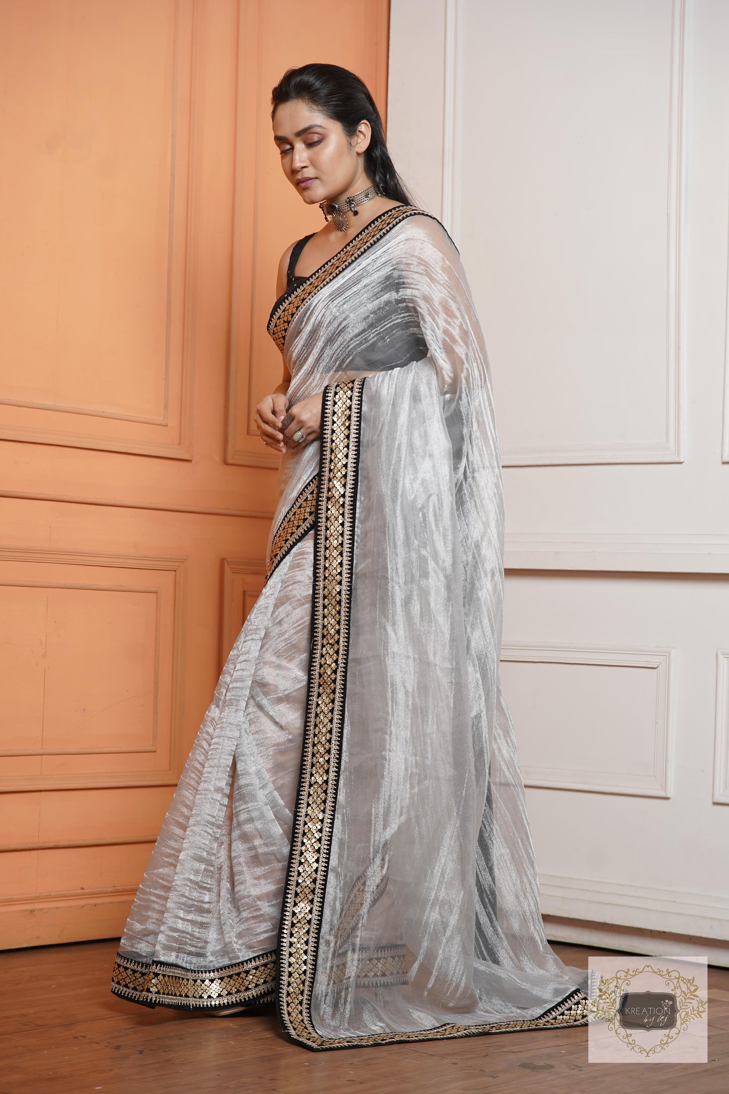 Silver Zari Tissue Saree with Black Border kreationbykj