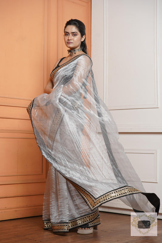 Silver Zari Tissue Saree with Black Border kreationbykj