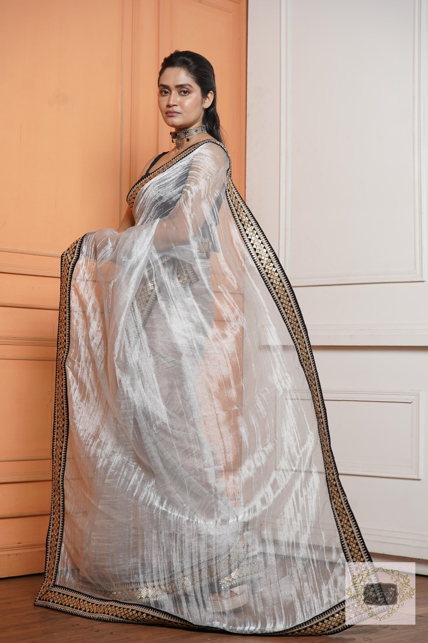Silver Zari Tissue Saree with Black Border kreationbykj