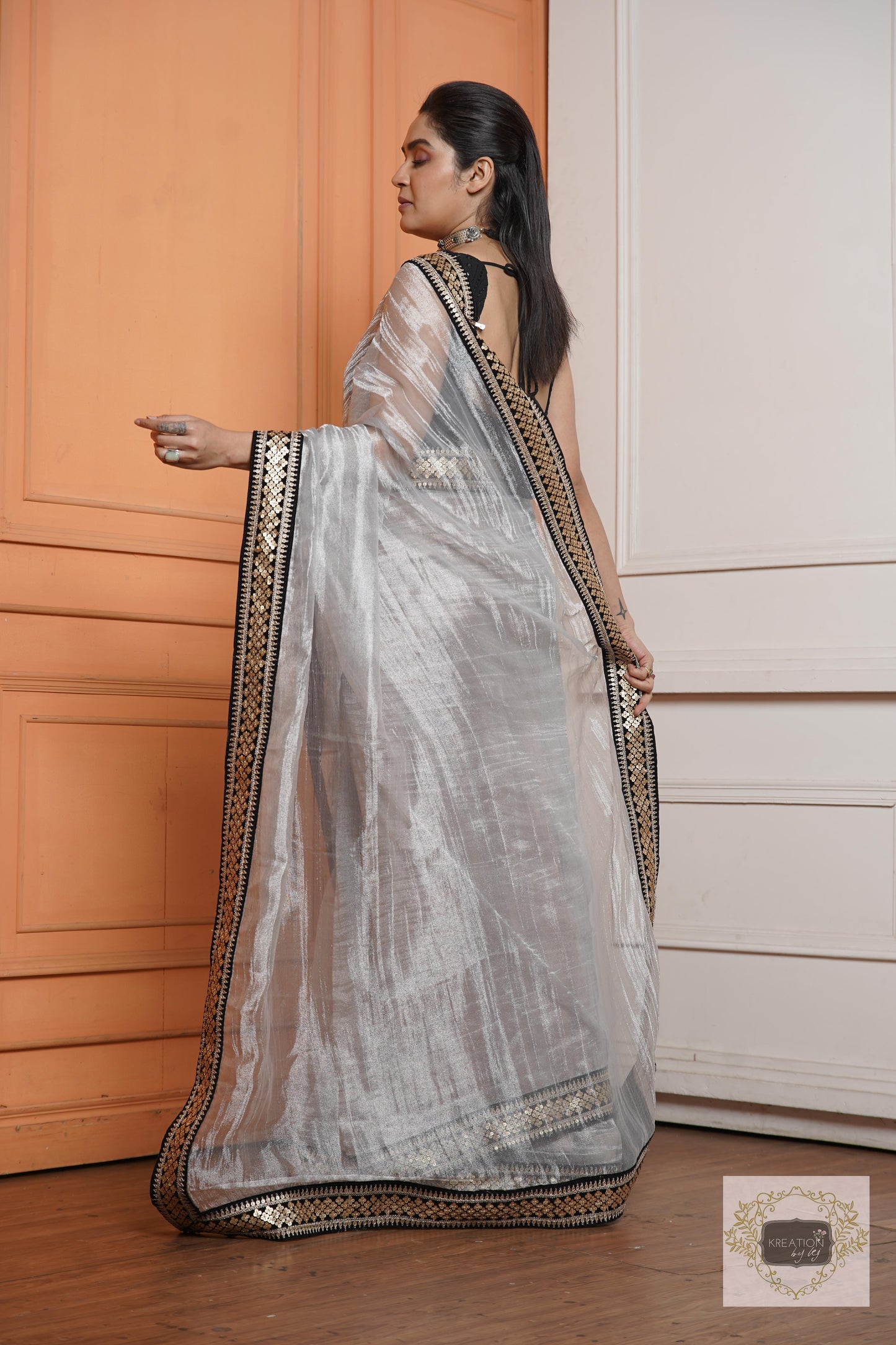 Silver Zari Tissue Saree with Black Border kreationbykj