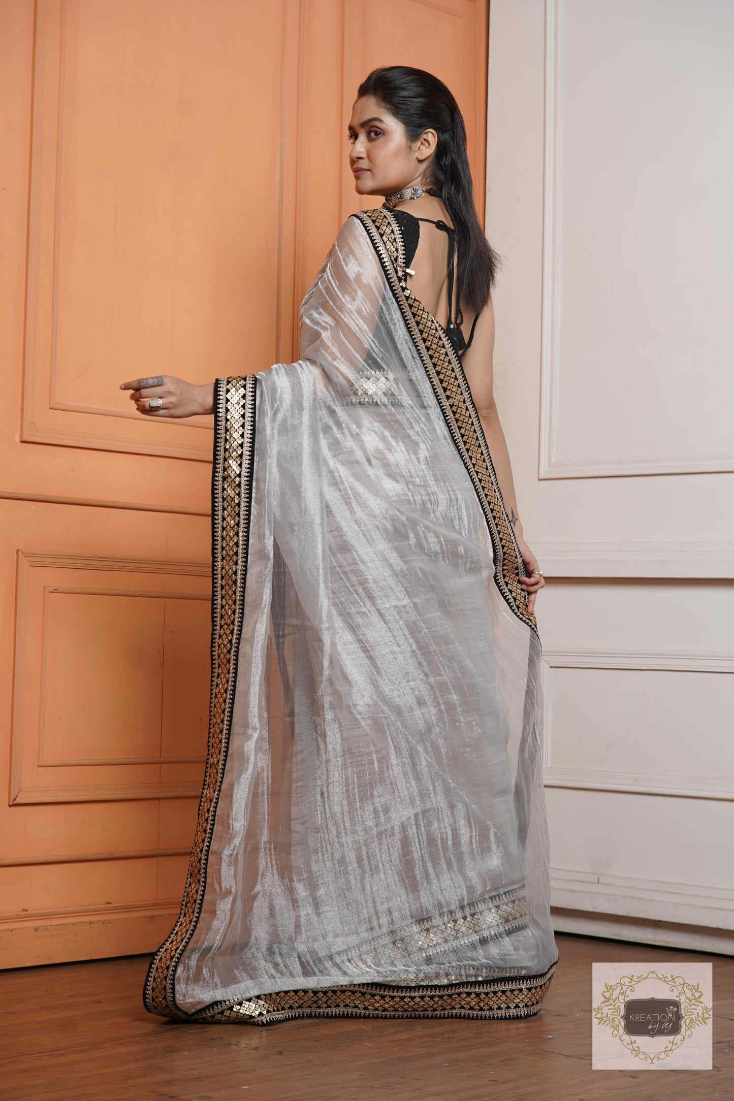 Silver Zari Tissue Saree with Black Border kreationbykj