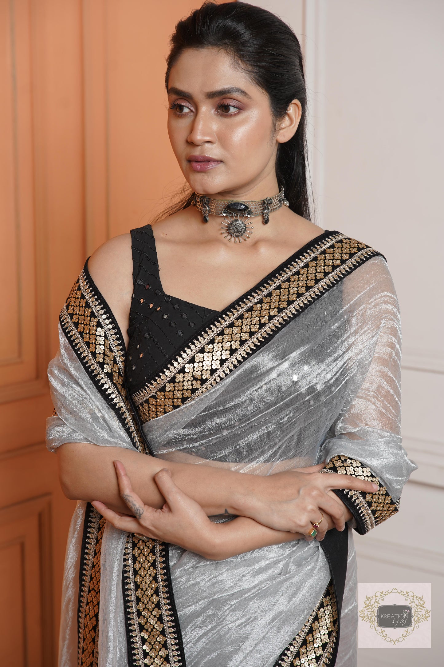 Silver Zari Tissue Saree with Black Border kreationbykj