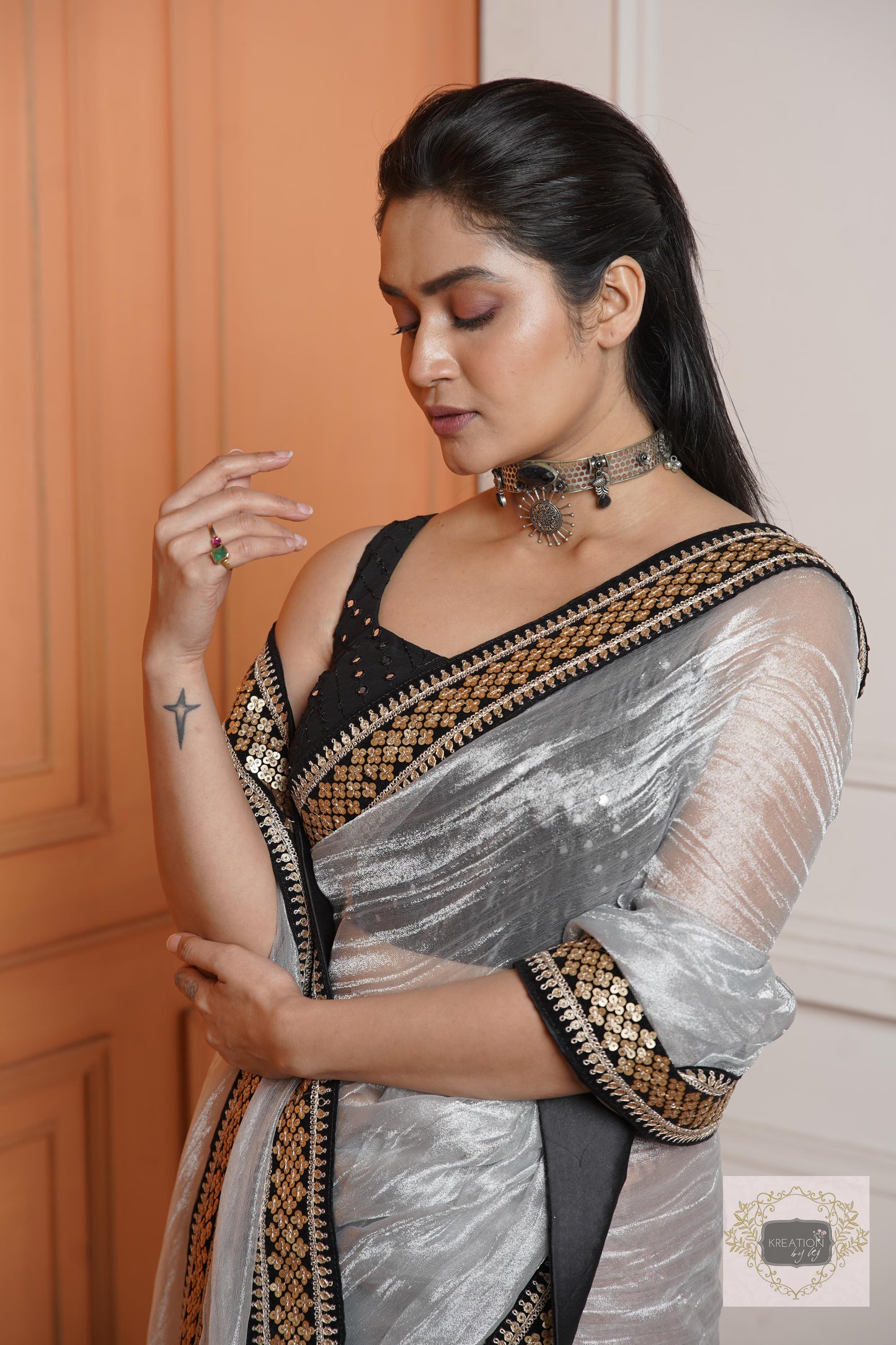 Silver Zari Tissue Saree with Black Border kreationbykj