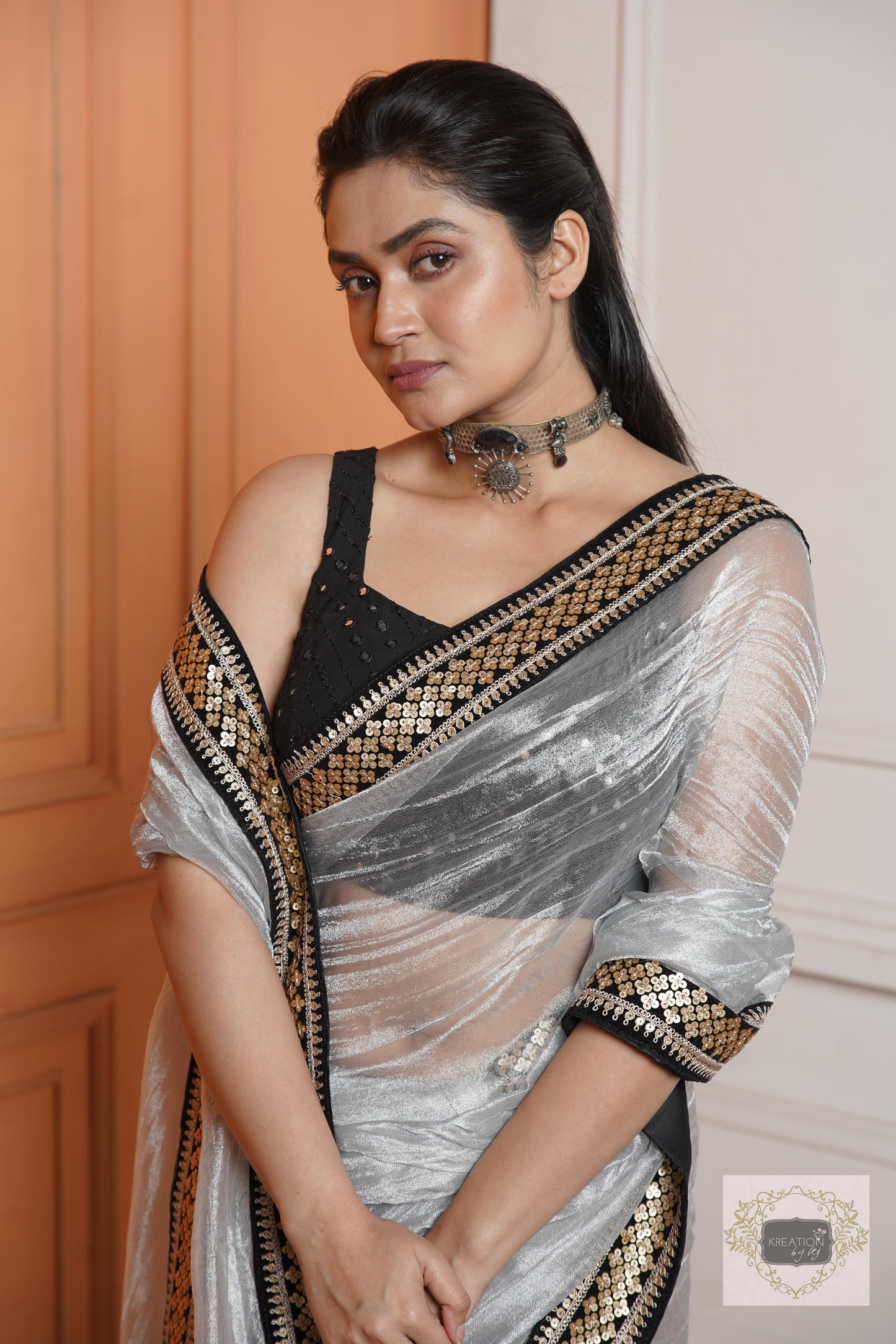 Silver Zari Tissue Saree with Black Border kreationbykj