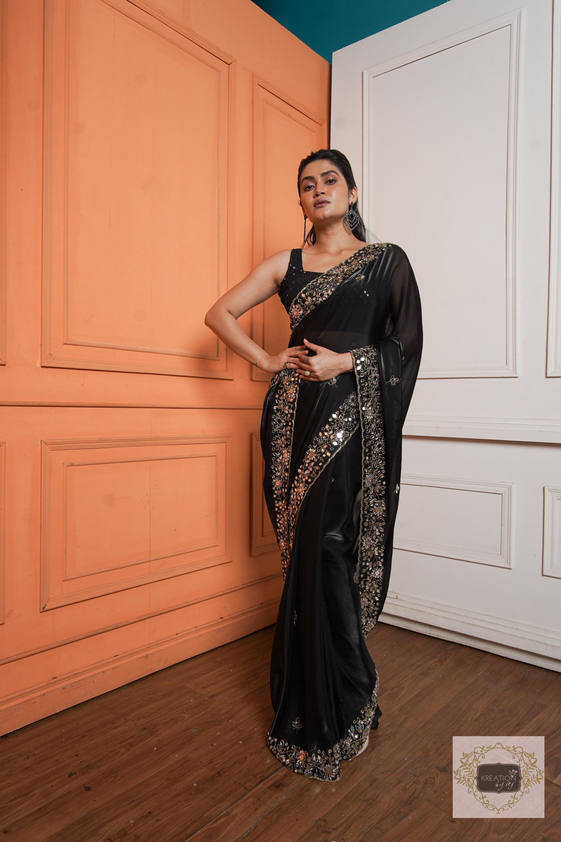 Black Sheesh Mahal Saree kreationbykj