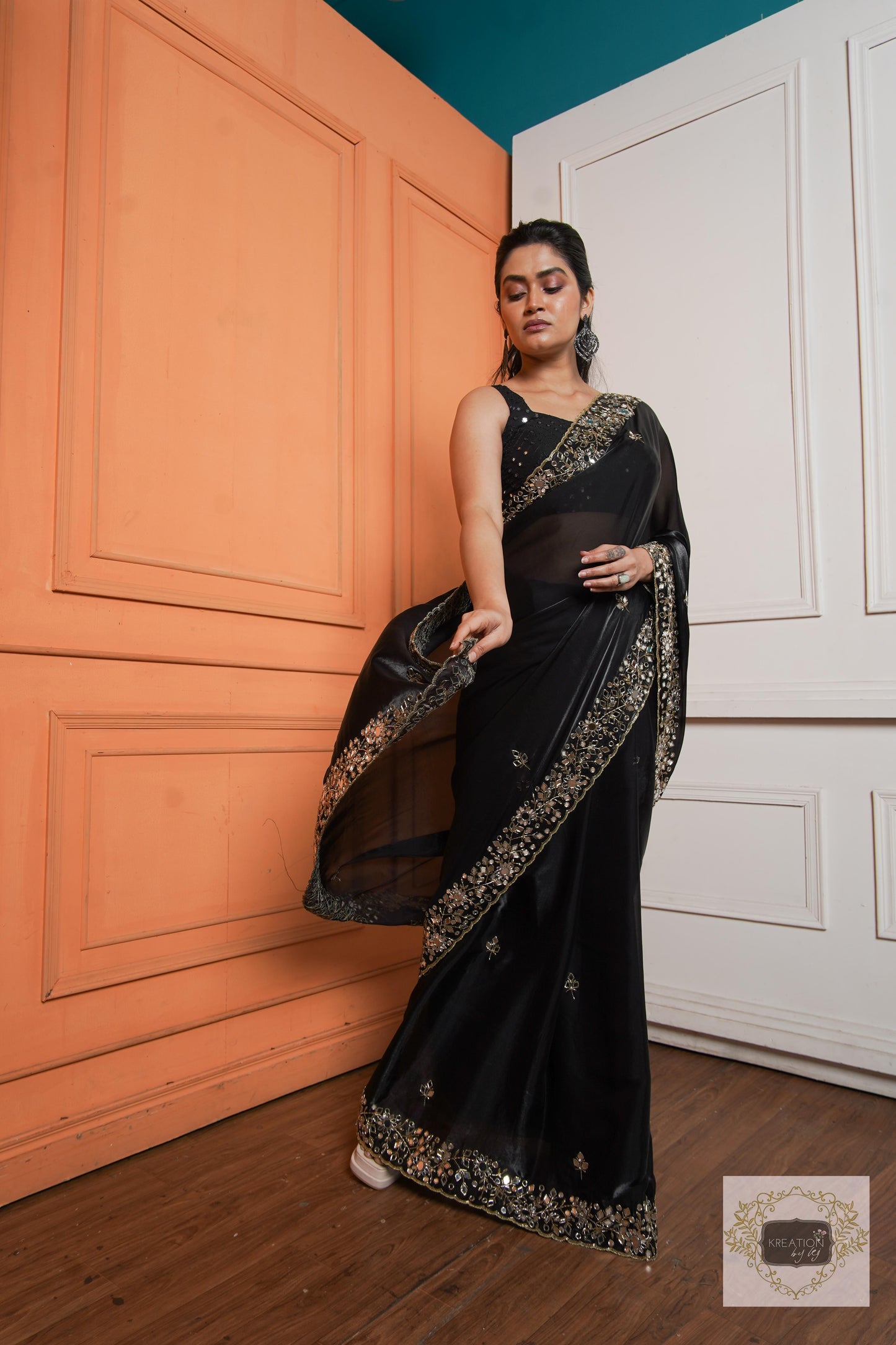 Black Sheesh Mahal Saree kreationbykj
