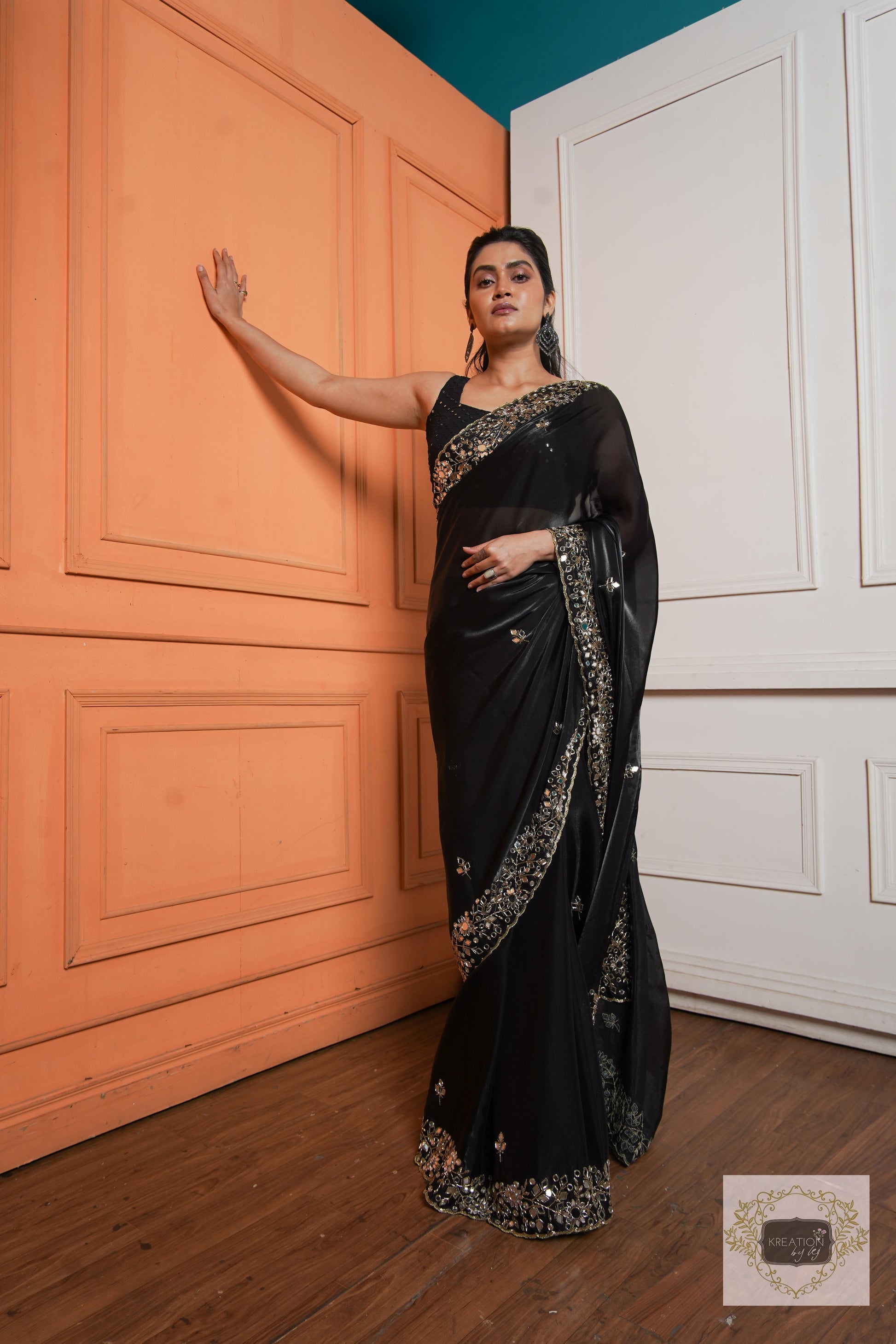 Black Sheesh Mahal Saree kreationbykj