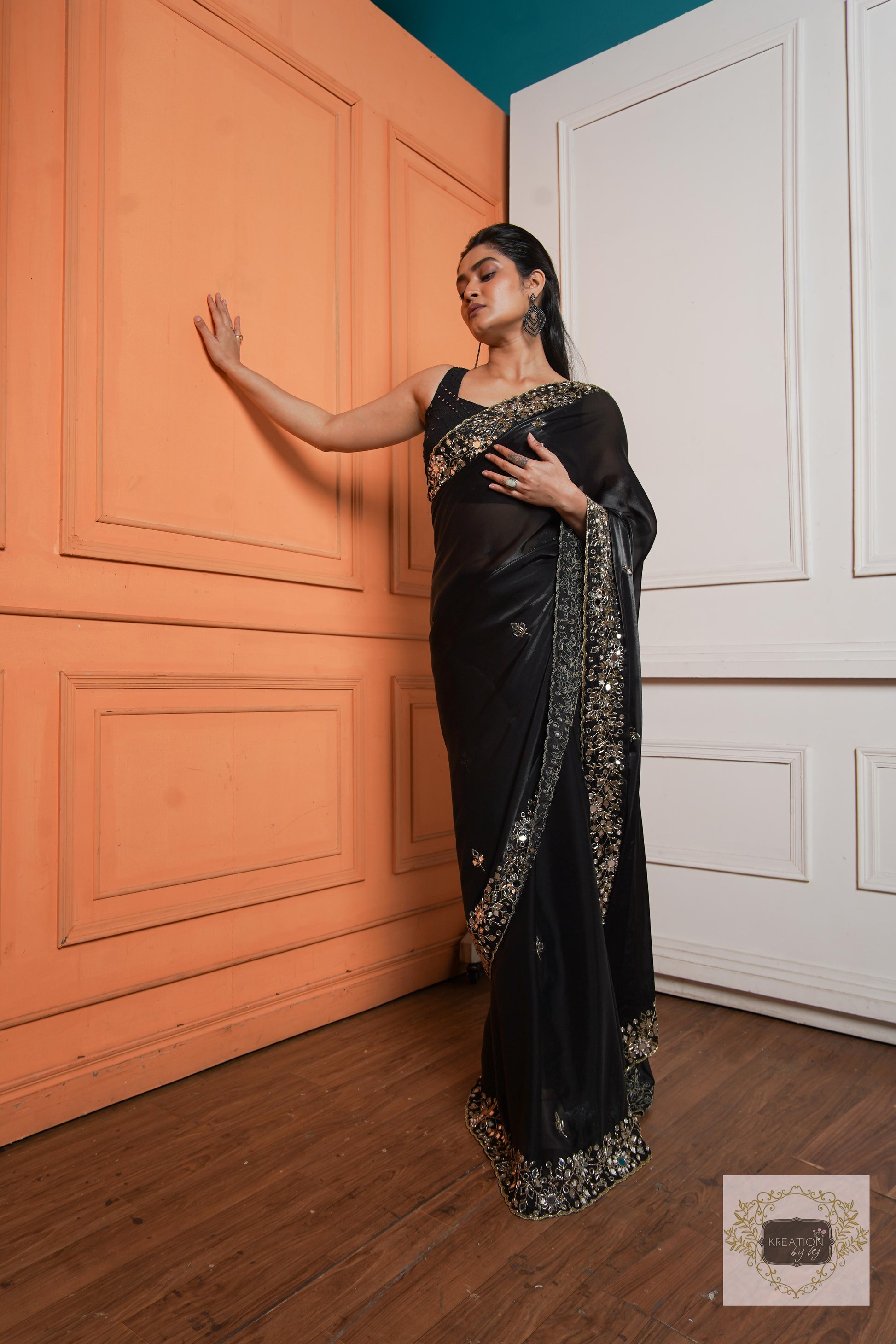 Black Sheesh Mahal Saree kreationbykj