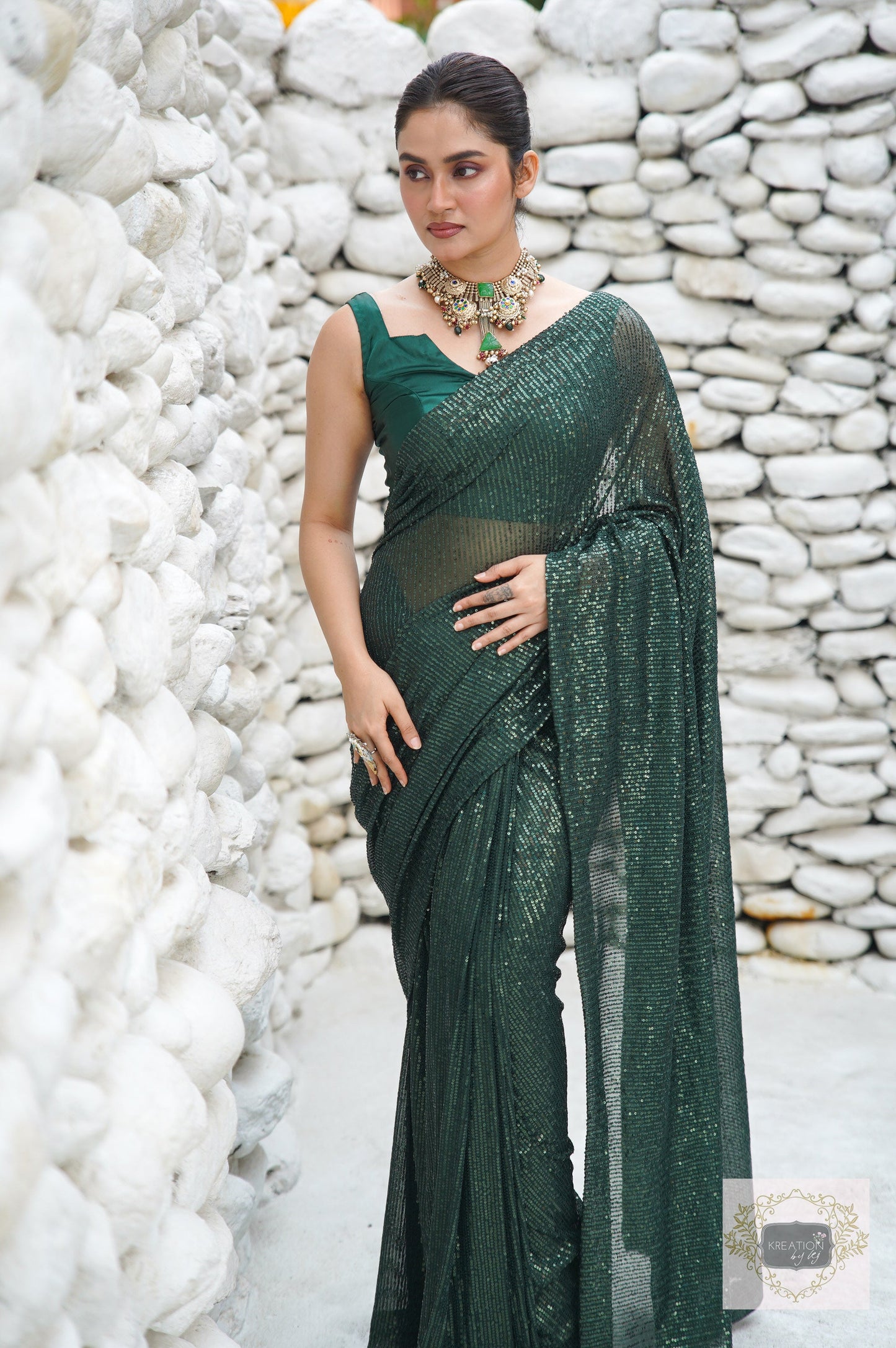 Green Sequin Cocktail Saree kreationbykj