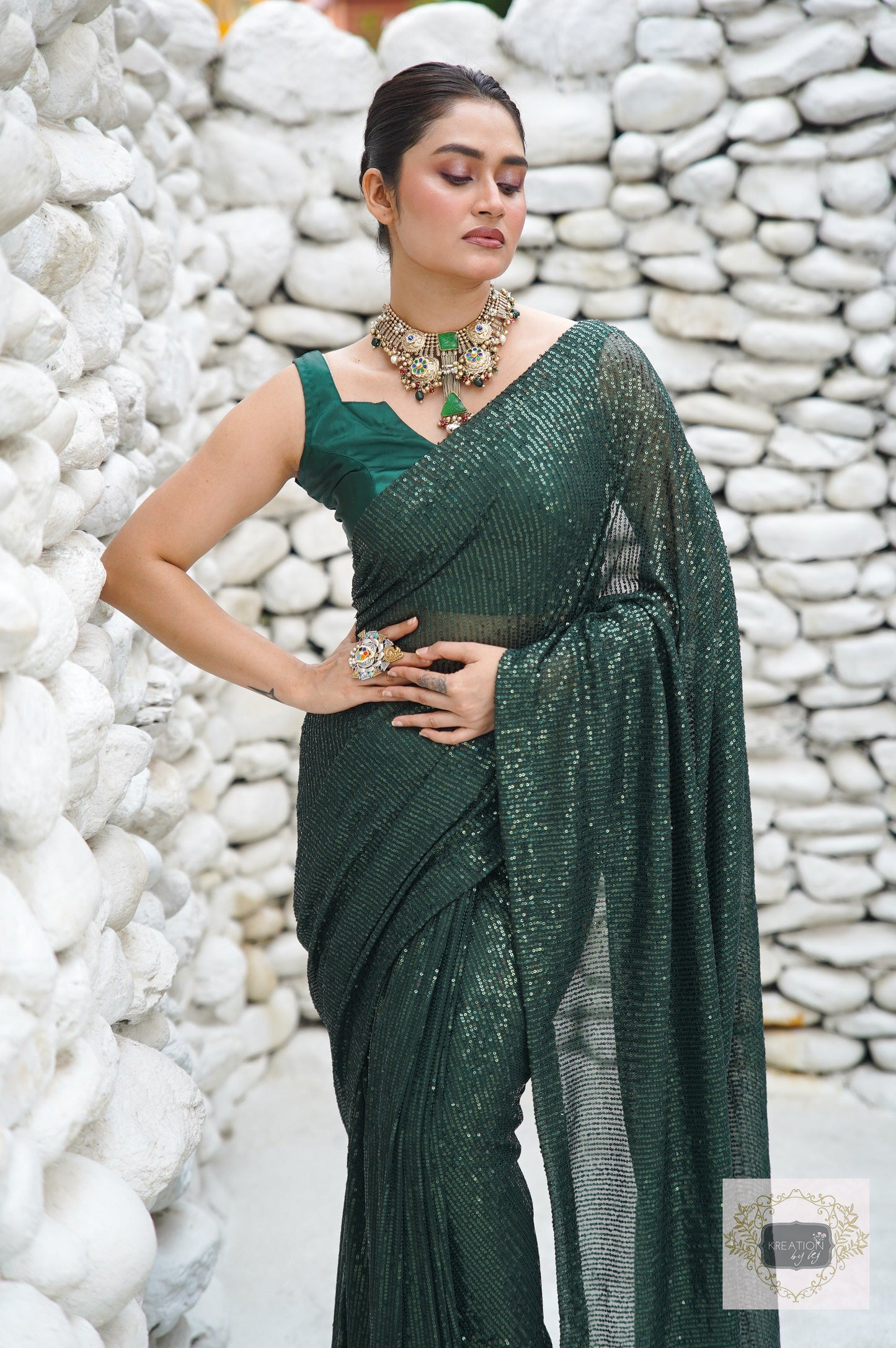 Green Sequin Cocktail Saree kreationbykj