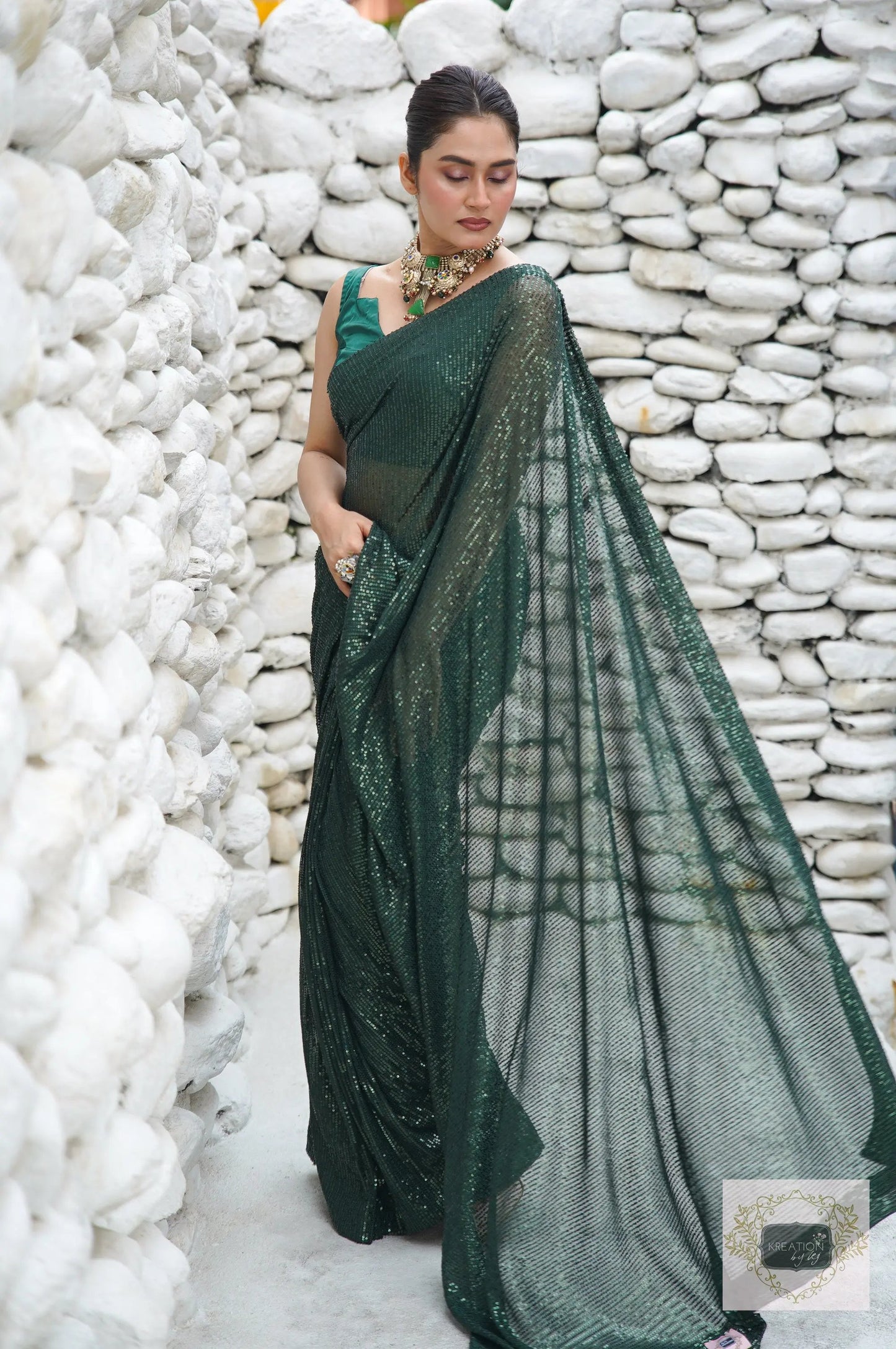 Green Sequin Cocktail Saree kreationbykj