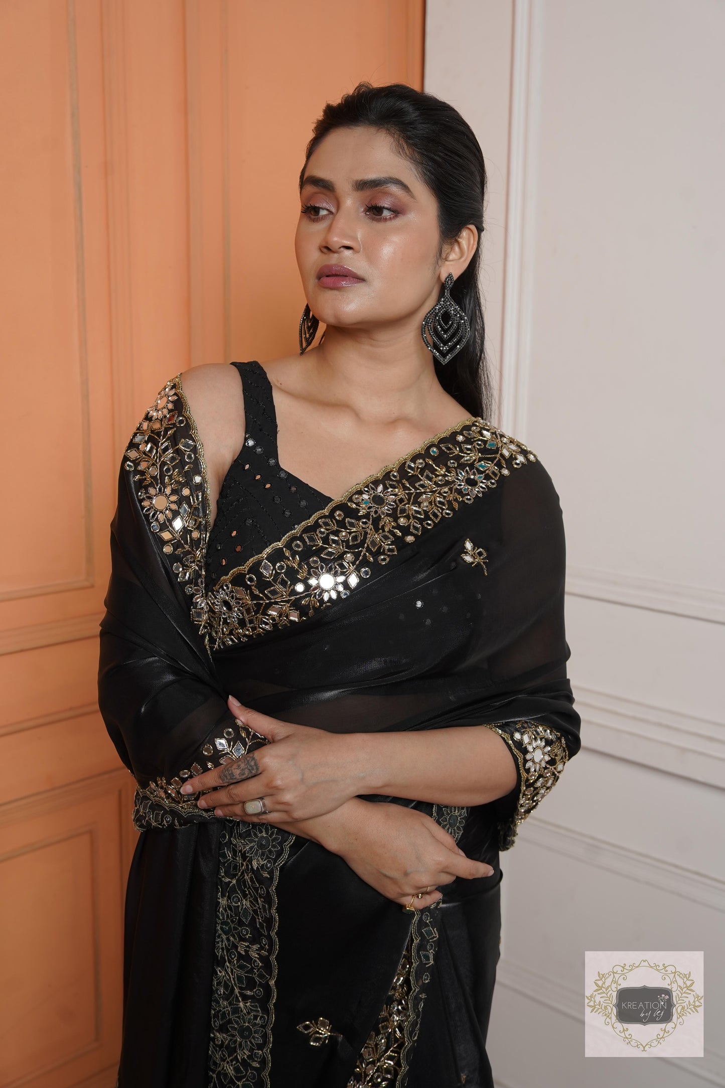 Black Sheesh Mahal Saree kreationbykj