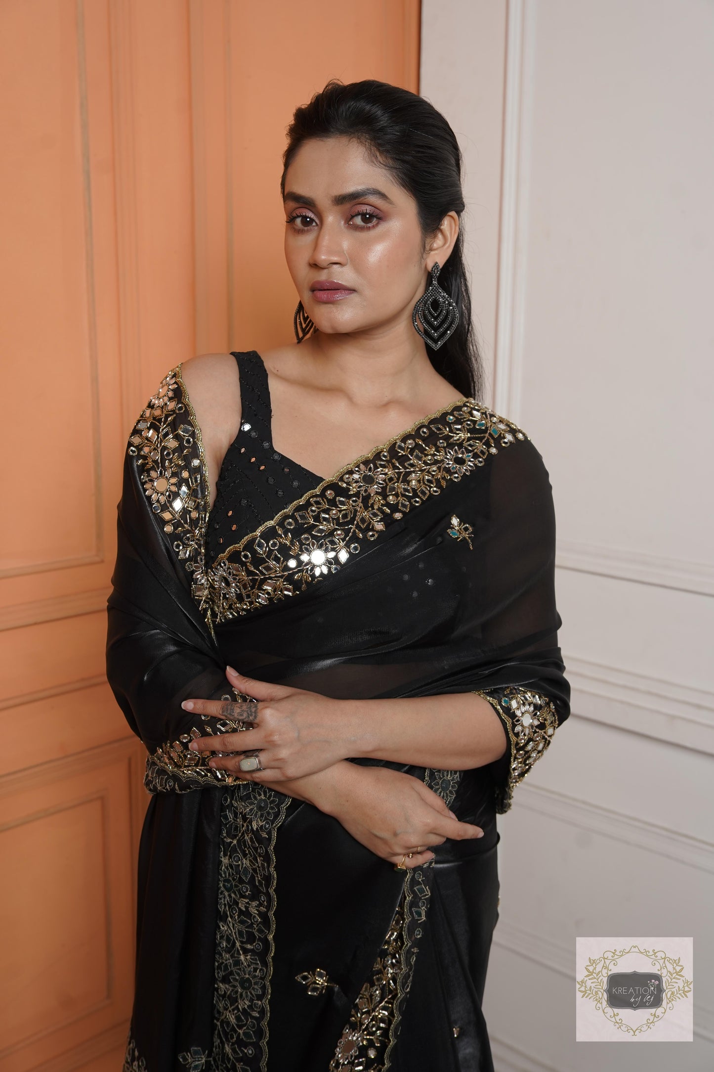 Black Sheesh Mahal Saree kreationbykj