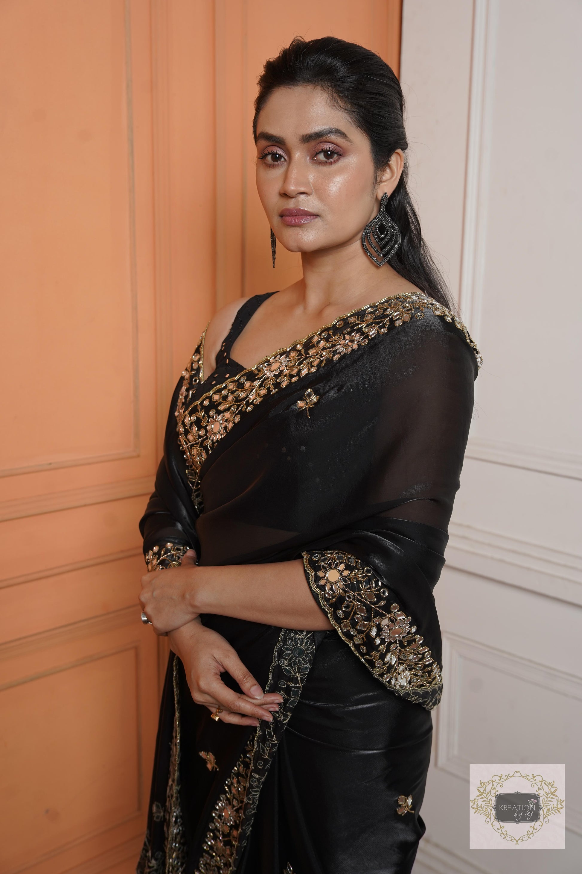 Black Sheesh Mahal Saree kreationbykj