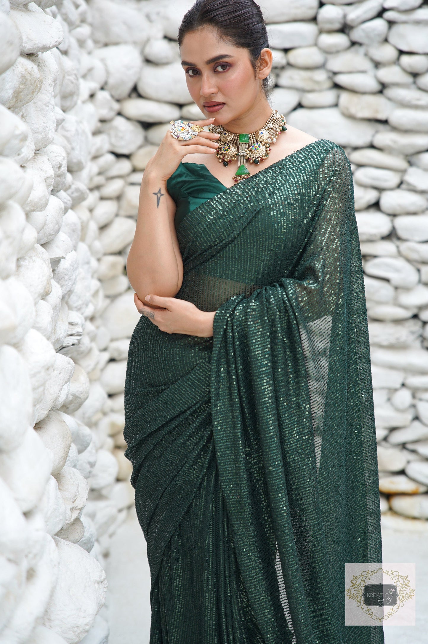 Green Sequin Cocktail Saree kreationbykj