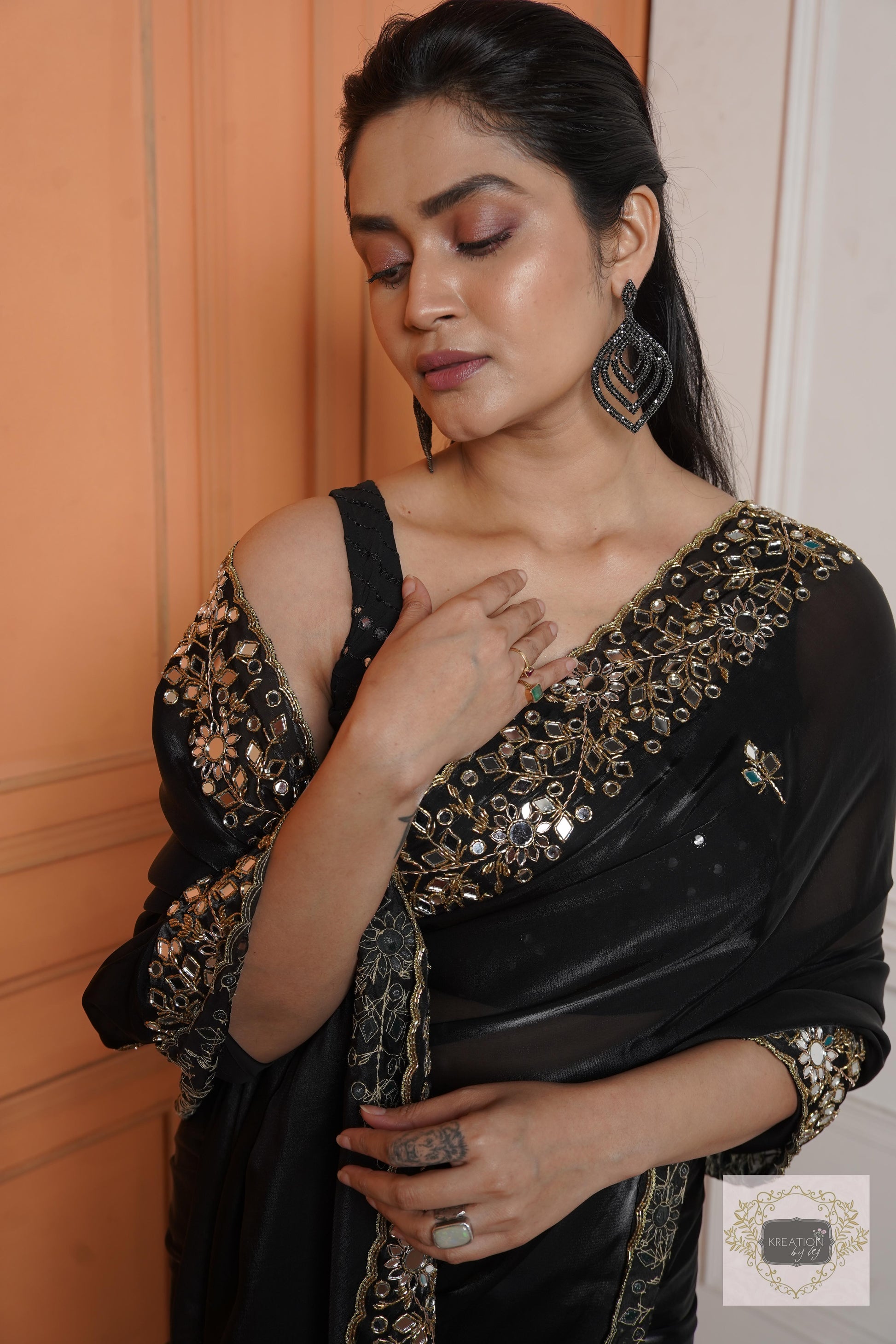 Black Sheesh Mahal Saree kreationbykj