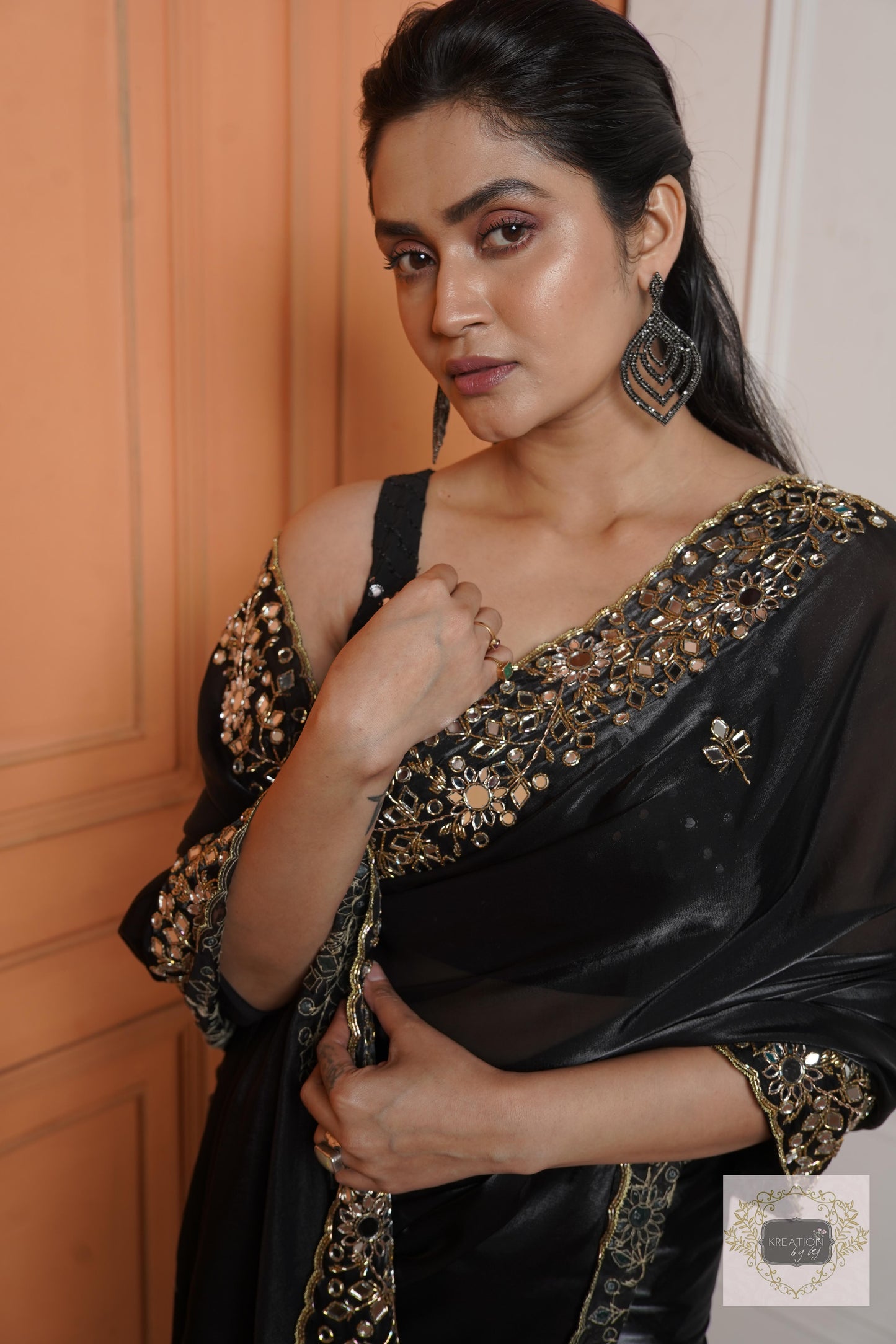 Black Sheesh Mahal Saree kreationbykj