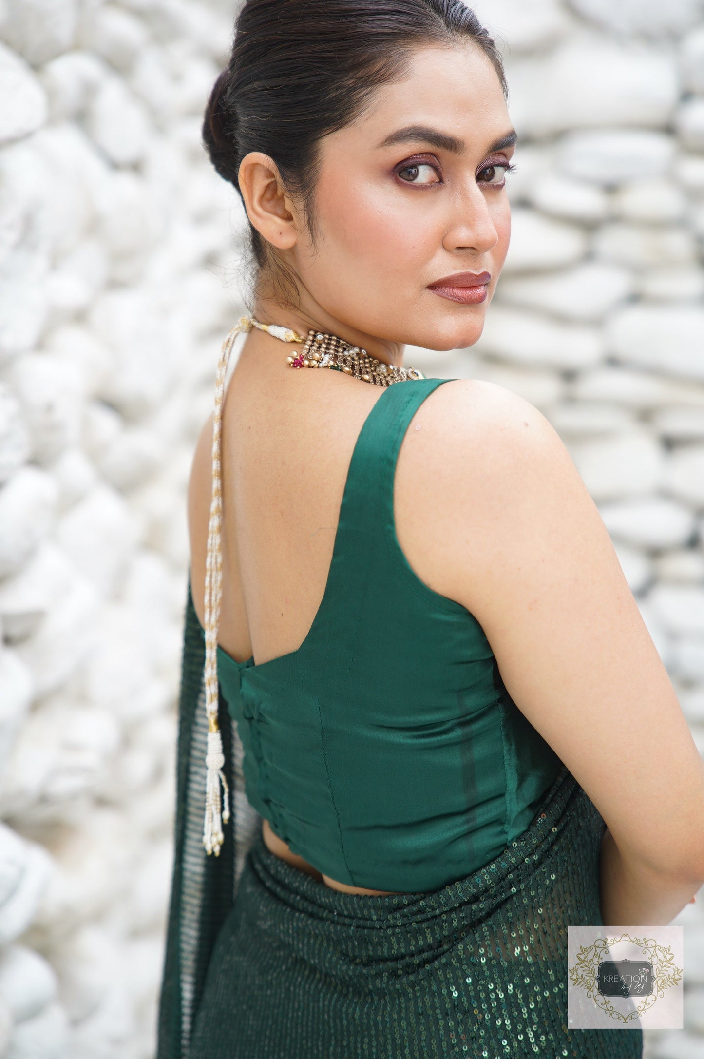 Green Sequin Cocktail Saree kreationbykj