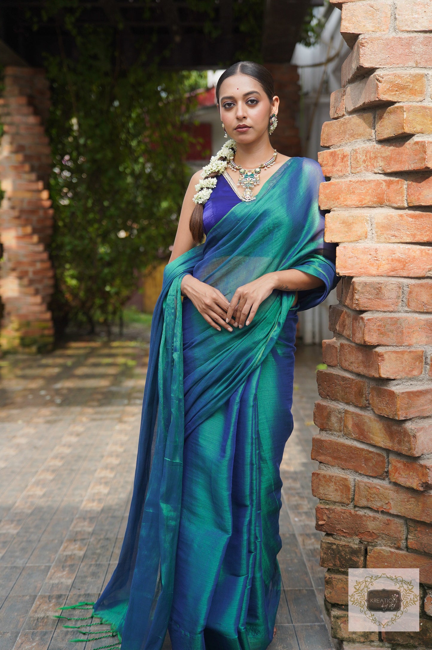 Morni Peacock Blue Cotton Tissue Saree kreationbykj