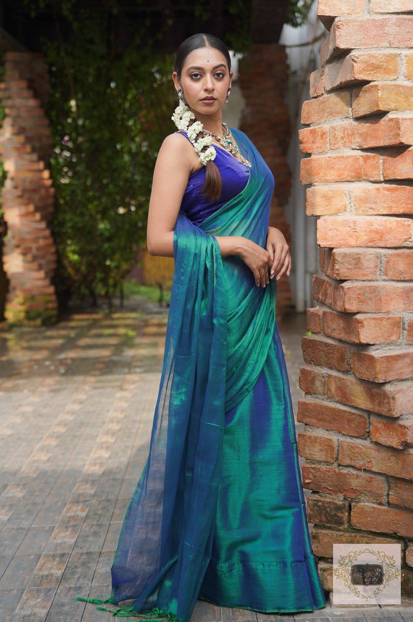 Morni Peacock Blue Cotton Tissue Saree kreationbykj