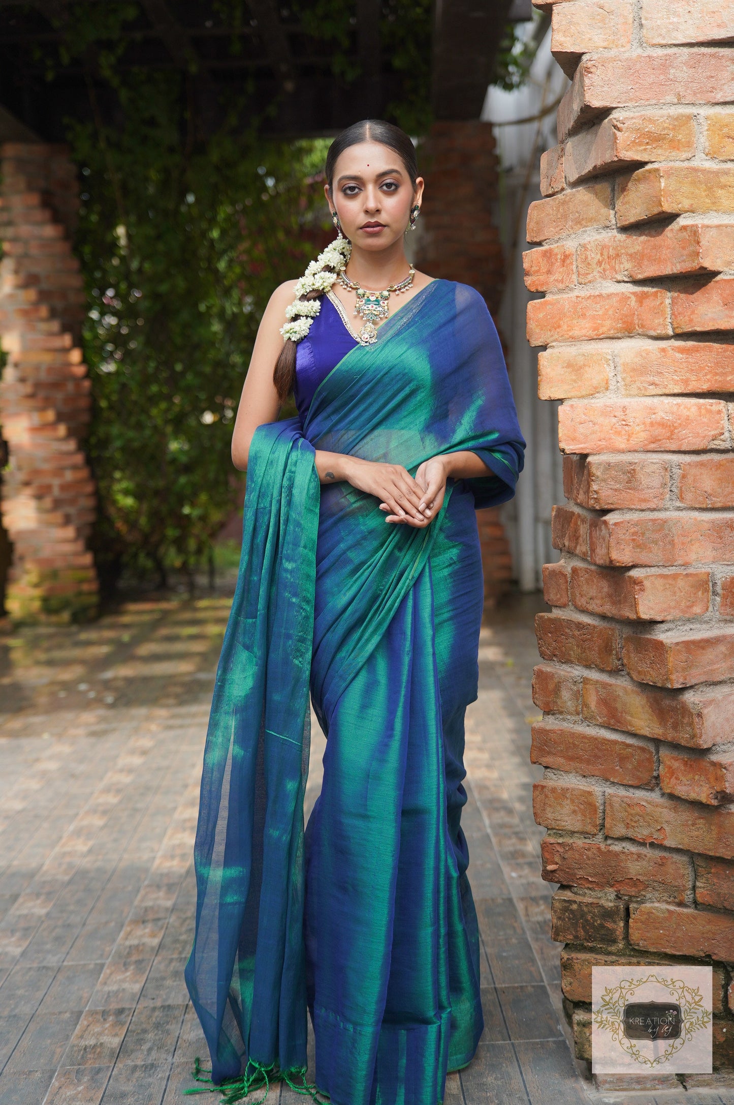 Morni Peacock Blue Cotton Tissue Saree kreationbykj