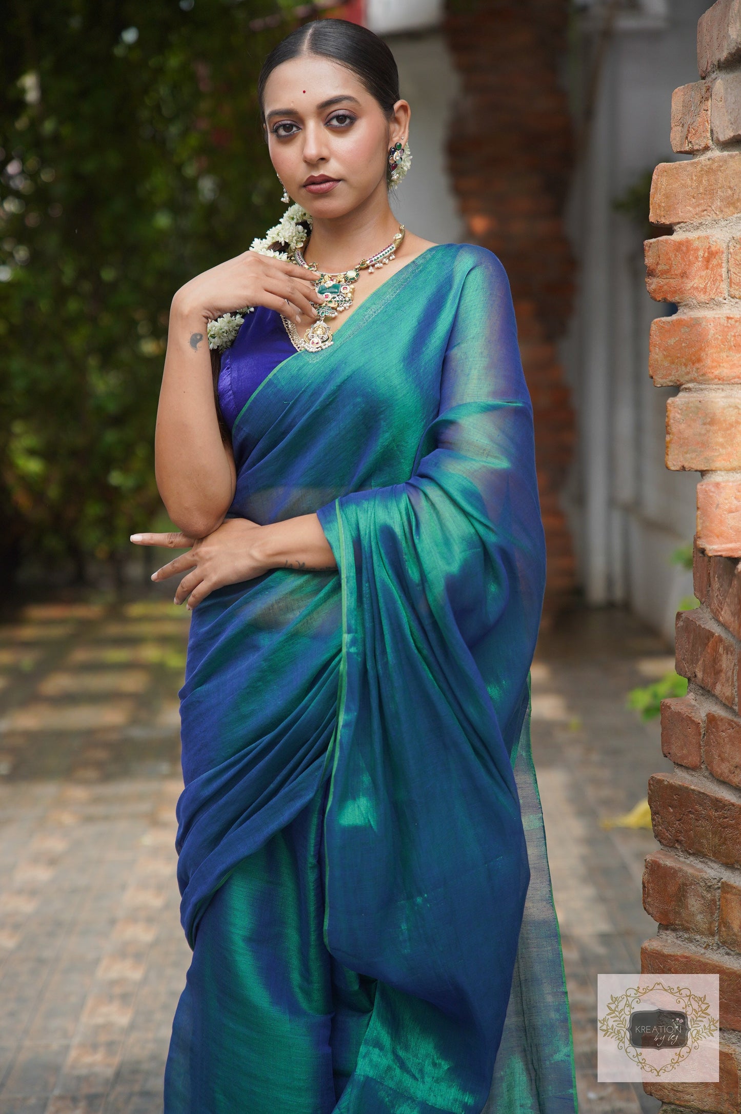 Morni Peacock Blue Cotton Tissue Saree kreationbykj