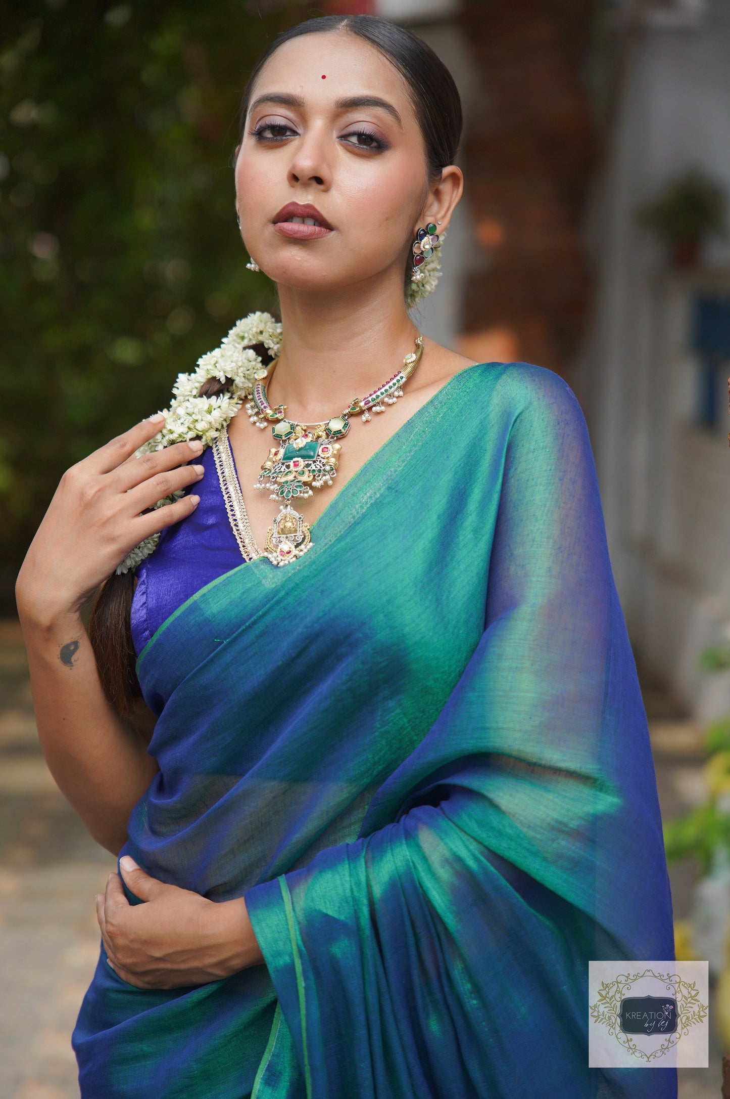 Morni Peacock Blue Cotton Tissue Saree kreationbykj