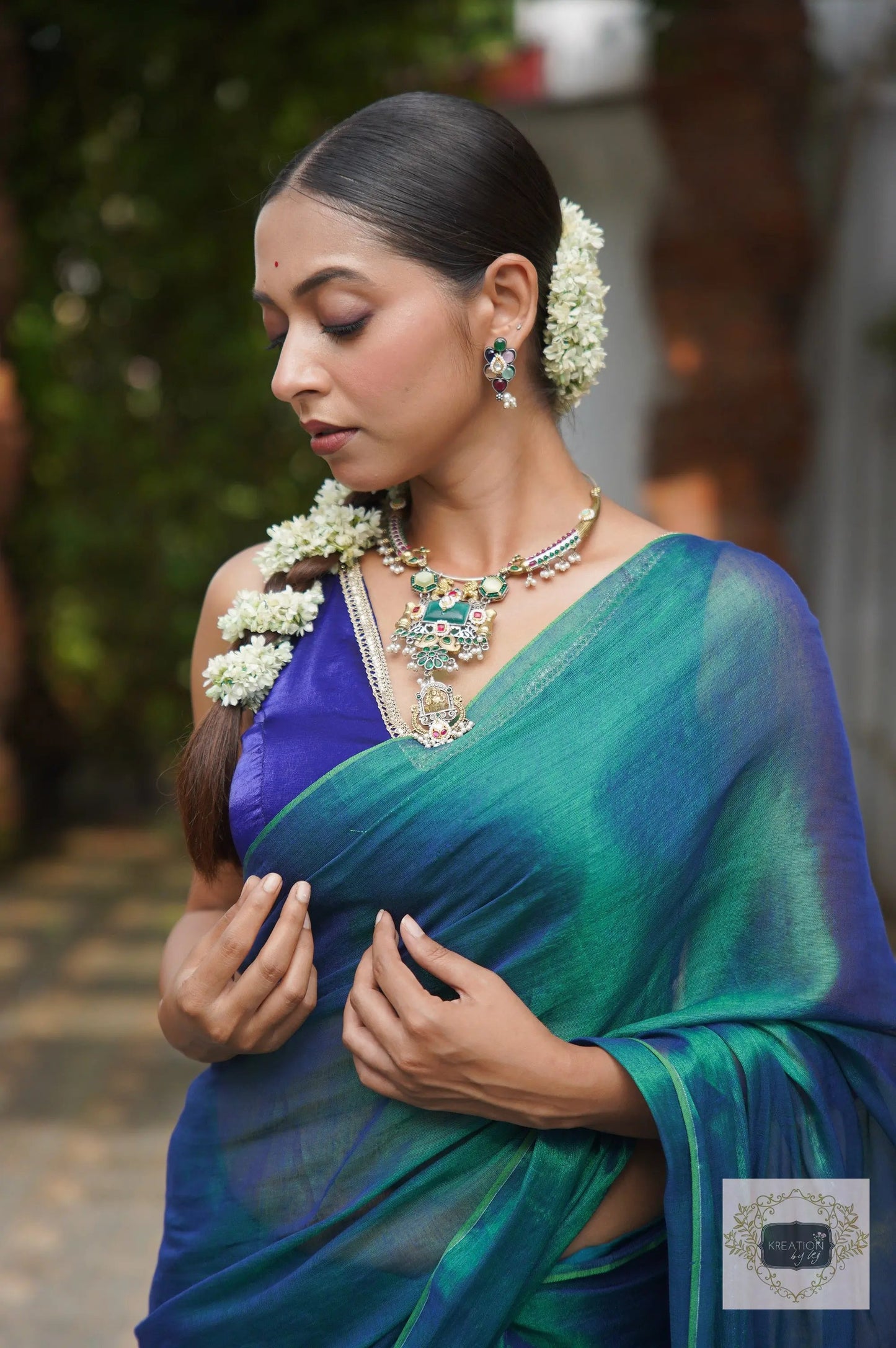 Morni Peacock Blue Cotton Tissue Saree kreationbykj