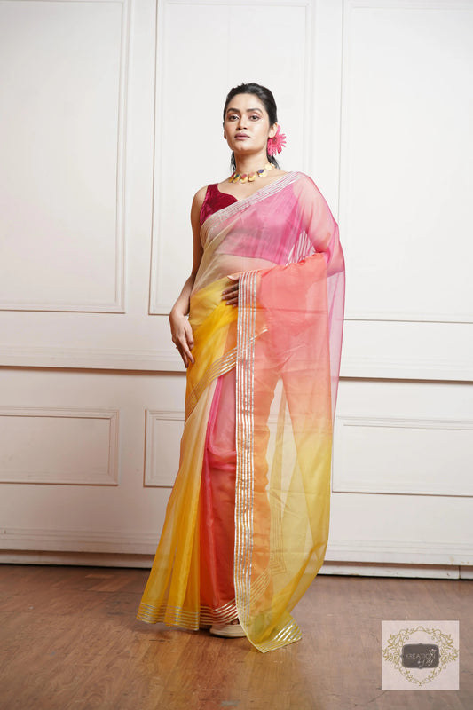 Sicilian Sunset Ombré Silver lining Saree With Gota Patti Handwork kreationbykj