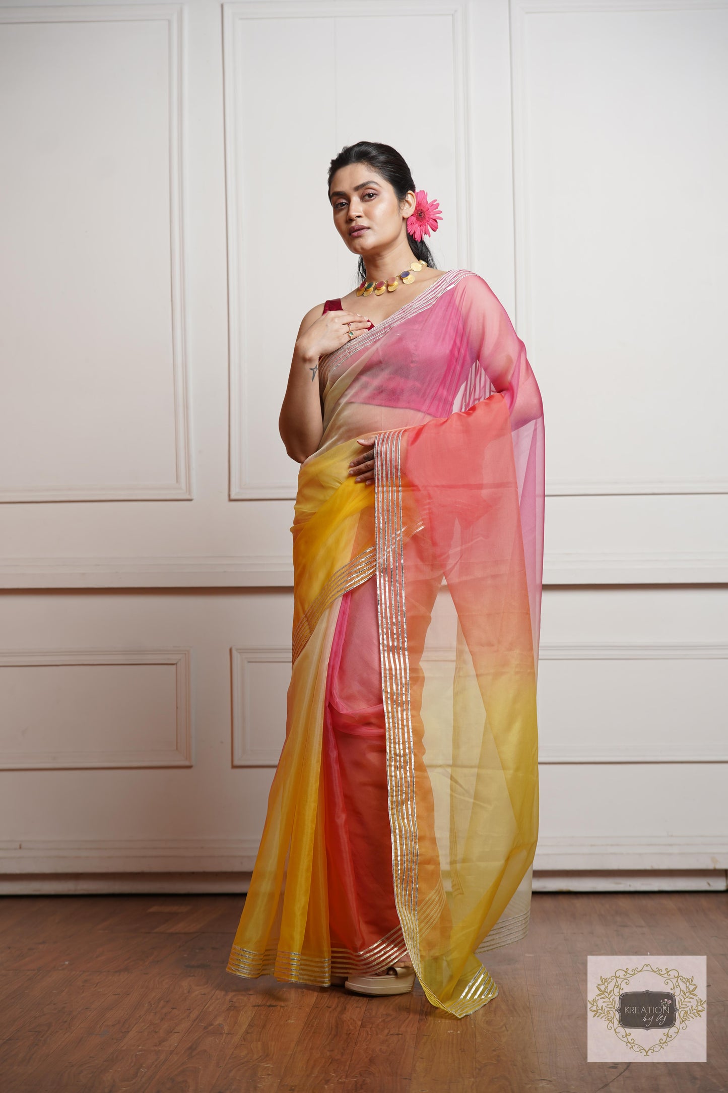 Sicilian Sunset Ombré Silver lining Saree With Gota Patti Handwork kreationbykj