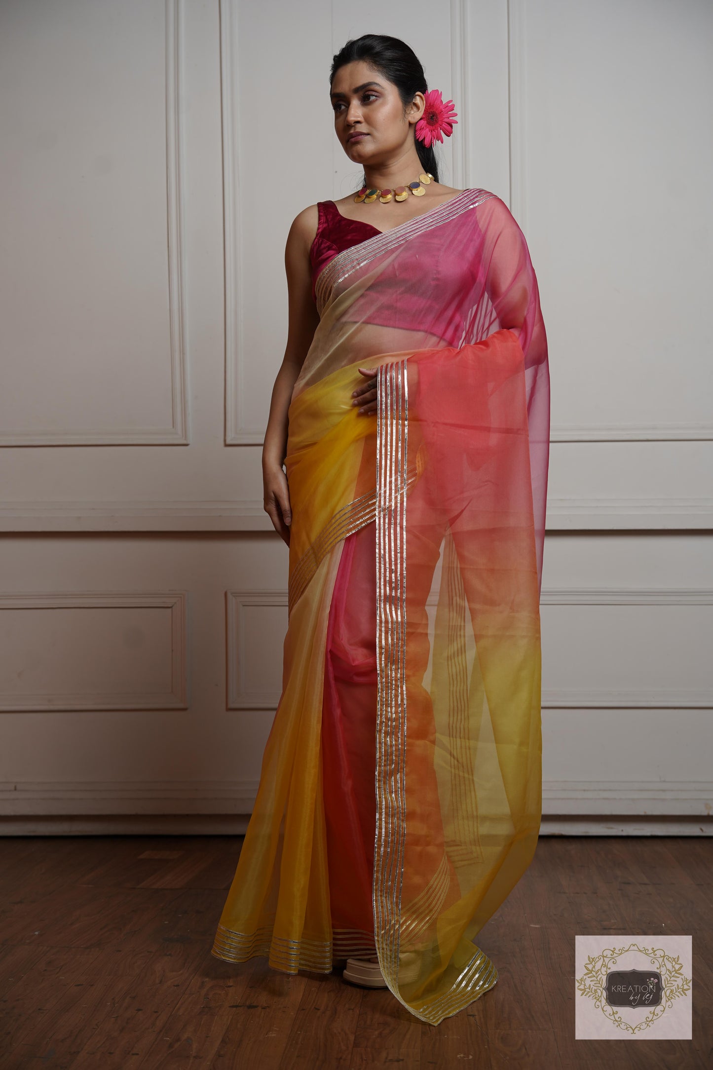 Sicilian Sunset Ombré Silver lining Saree With Gota Patti Handwork kreationbykj