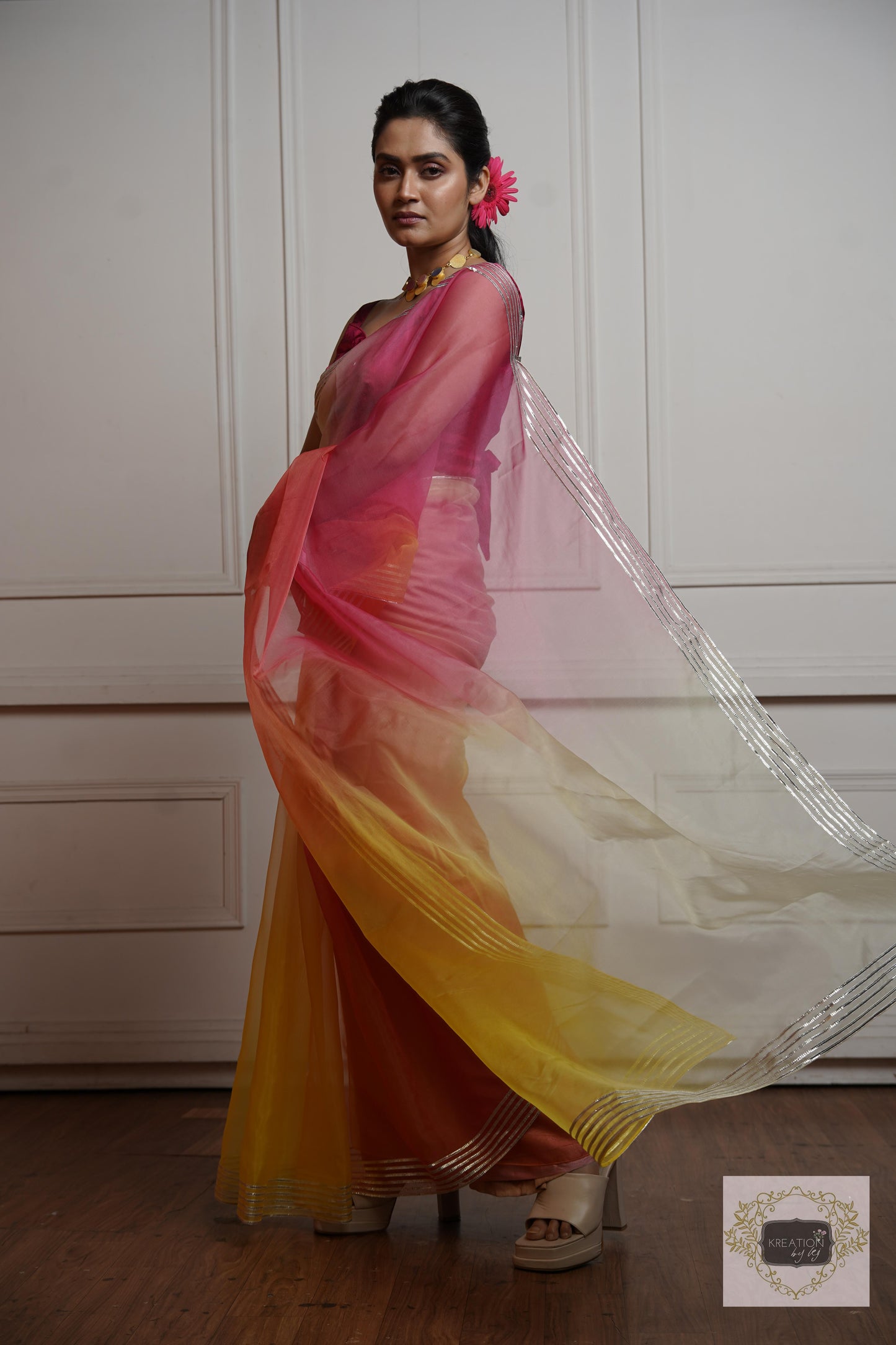 Sicilian Sunset Ombré Silver lining Saree With Gota Patti Handwork kreationbykj