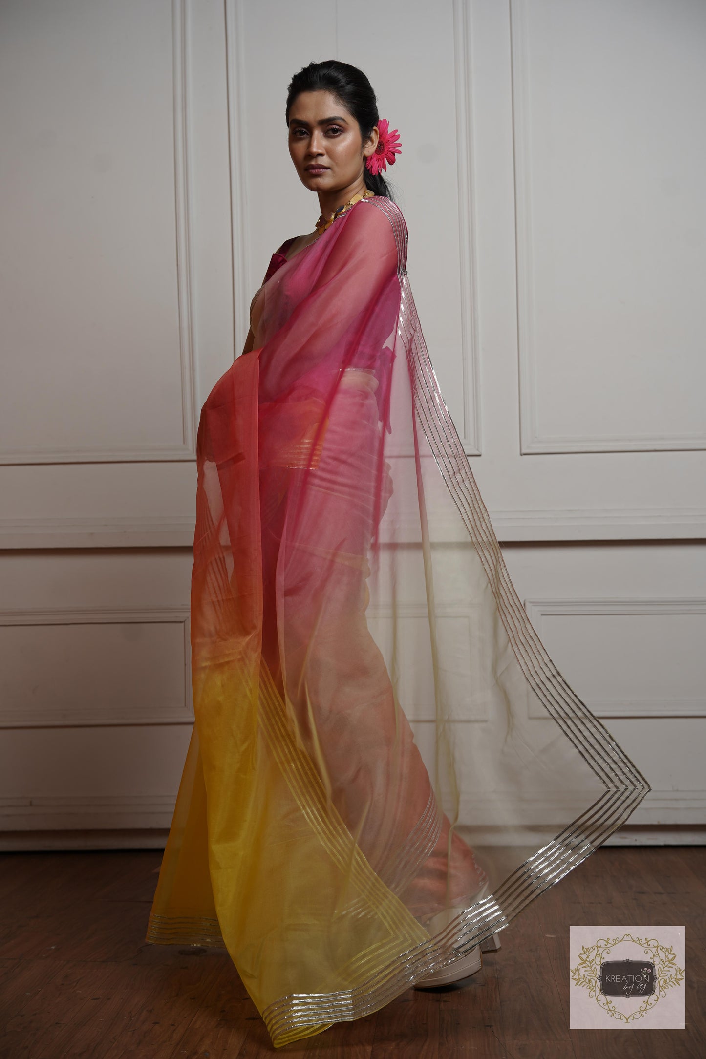 Sicilian Sunset Ombré Silver lining Saree With Gota Patti Handwork kreationbykj