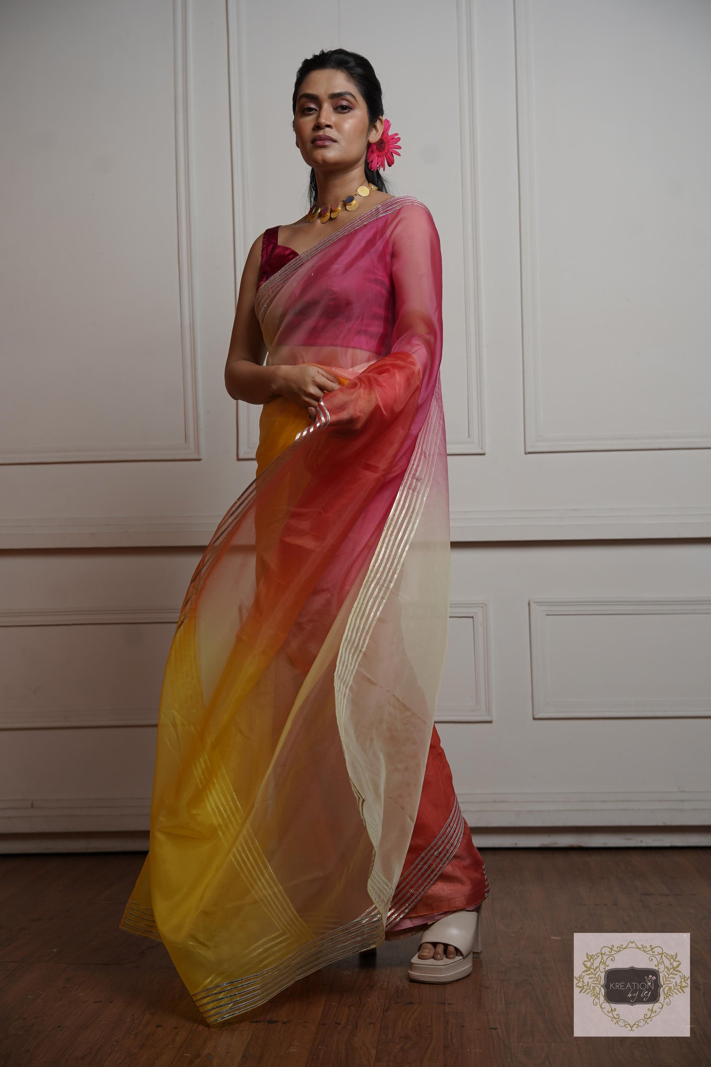 Sicilian Sunset Ombré Silver lining Saree With Gota Patti Handwork kreationbykj
