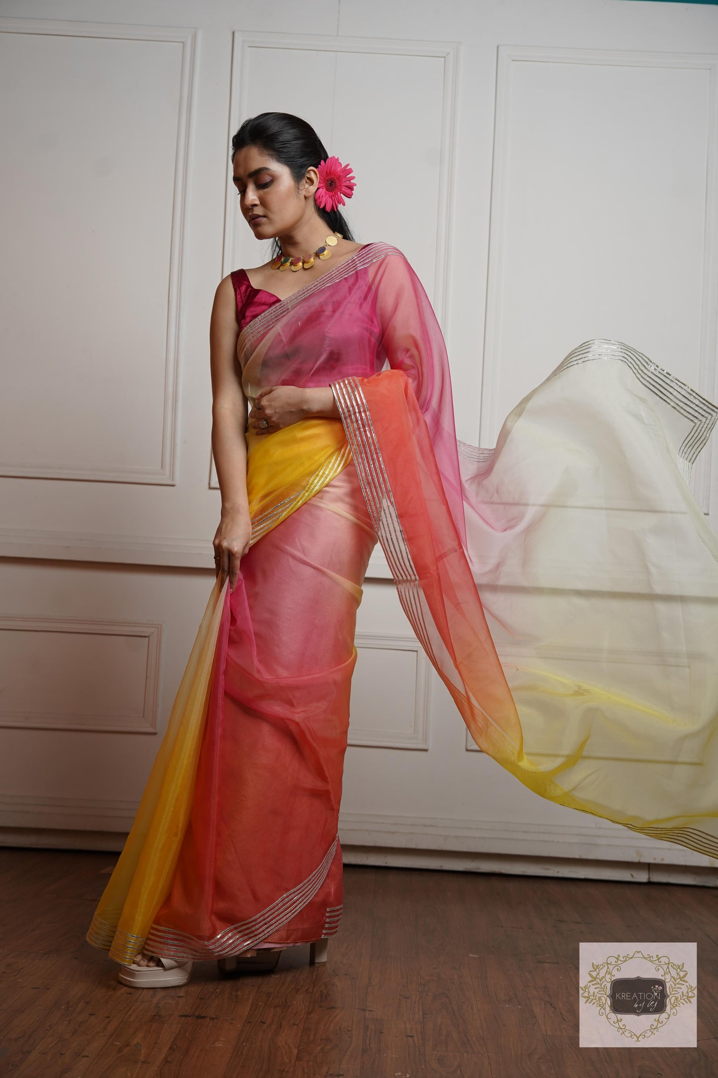 Sicilian Sunset Ombré Silver lining Saree With Gota Patti Handwork kreationbykj