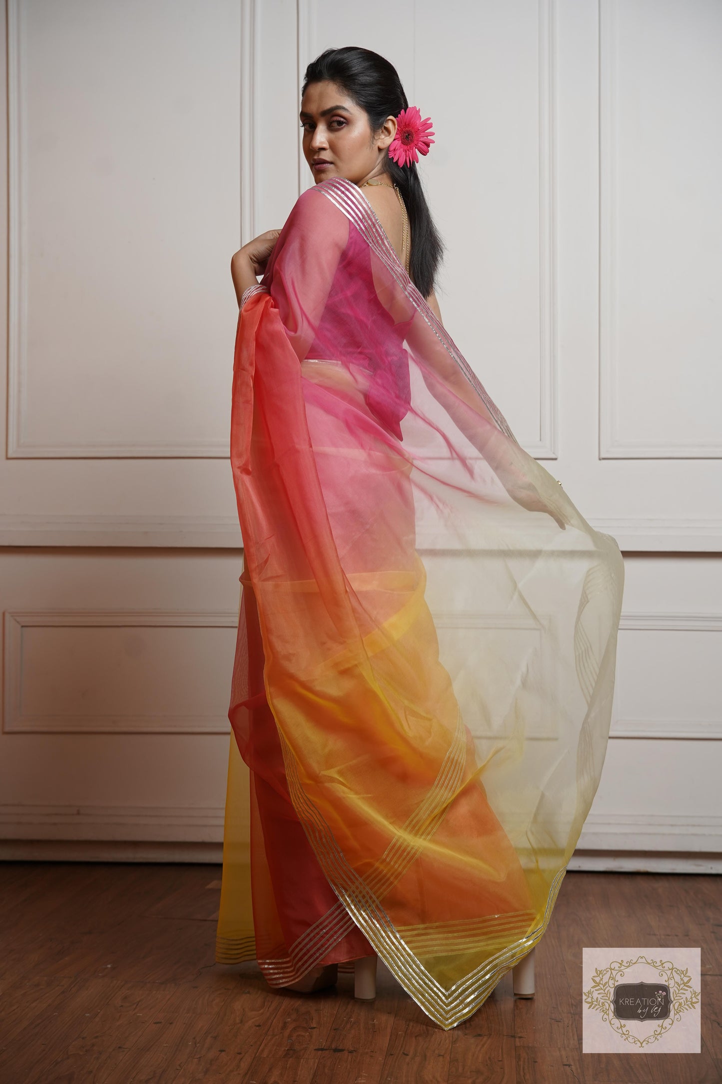 Sicilian Sunset Ombré Silver lining Saree With Gota Patti Handwork kreationbykj