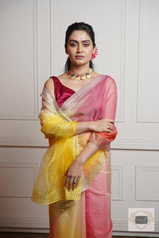 Sicilian Sunset Ombré Silver lining Saree With Gota Patti Handwork kreationbykj