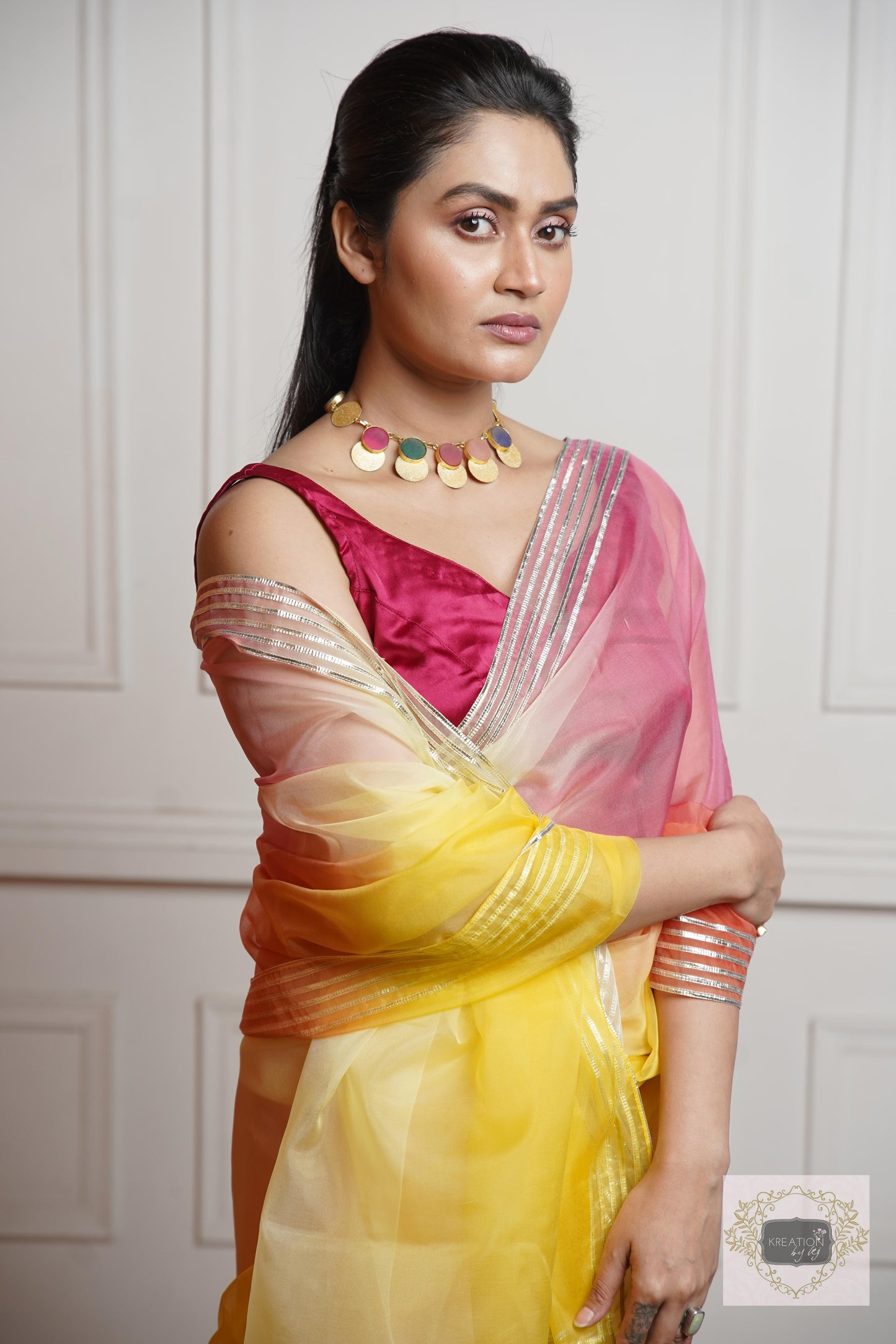 Sicilian Sunset Ombré Silver lining Saree With Gota Patti Handwork kreationbykj