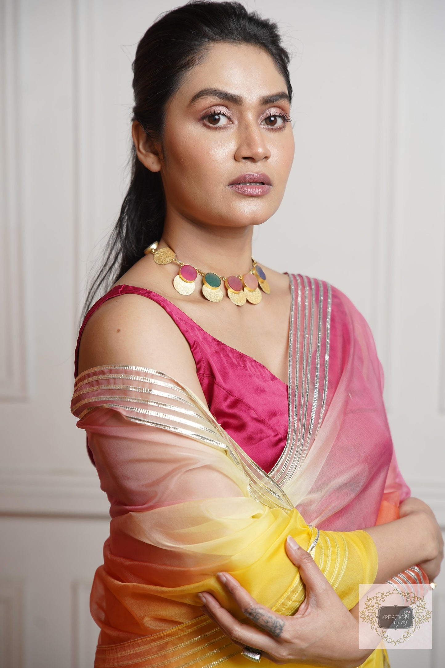 Sicilian Sunset Ombré Silver lining Saree With Gota Patti Handwork kreationbykj