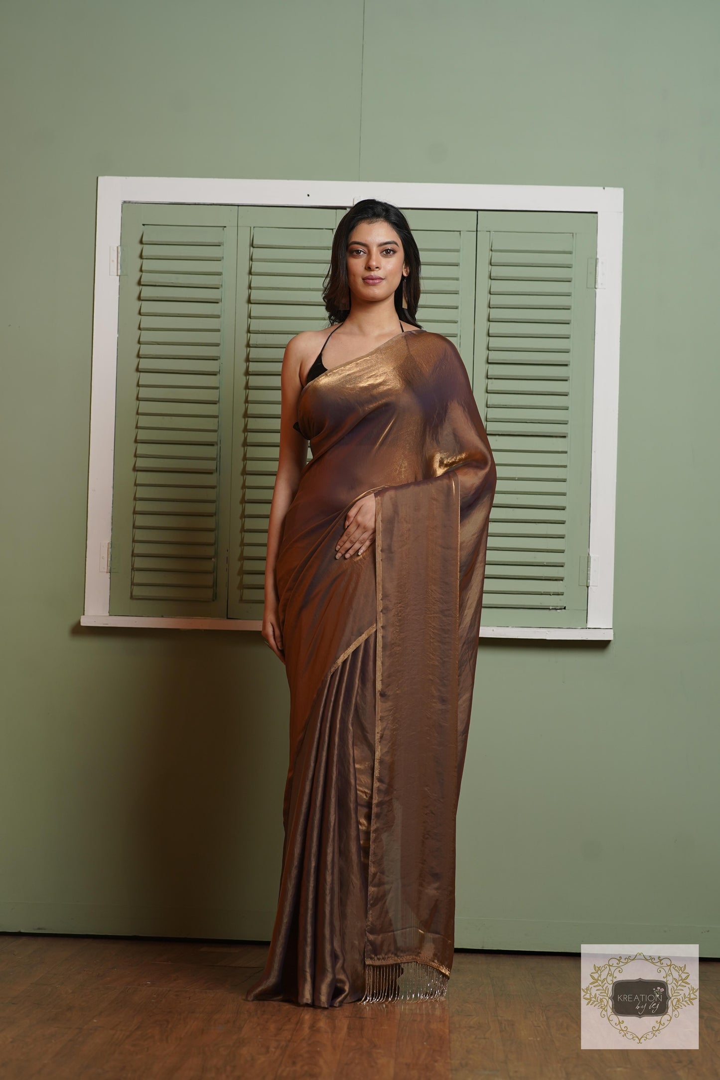 Molten Chocolate Metallic Shimmer Satin Saree kreationbykj