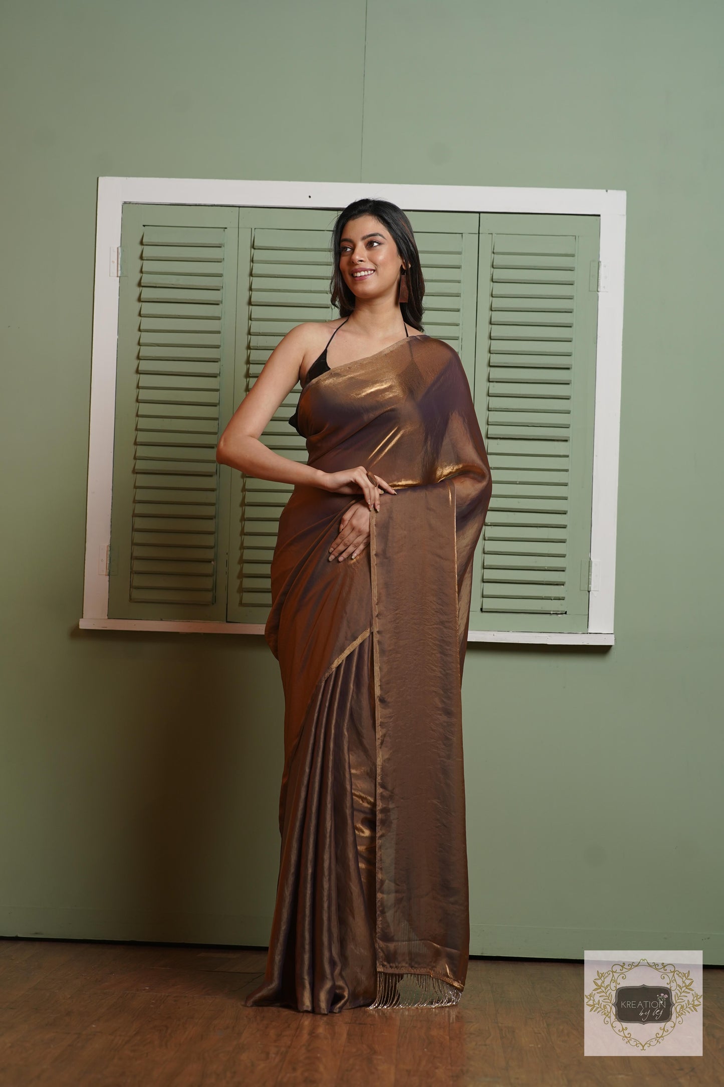 Molten Chocolate Metallic Shimmer Satin Saree kreationbykj
