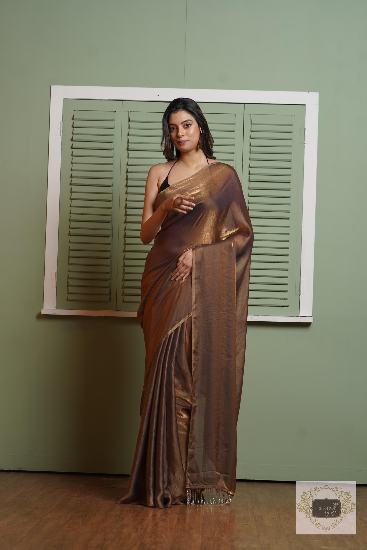 Molten Chocolate Metallic Shimmer Satin Saree kreationbykj