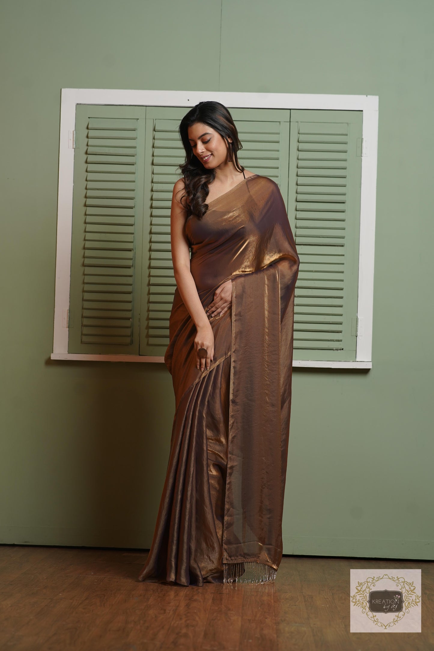 Molten Chocolate Metallic Shimmer Satin Saree kreationbykj