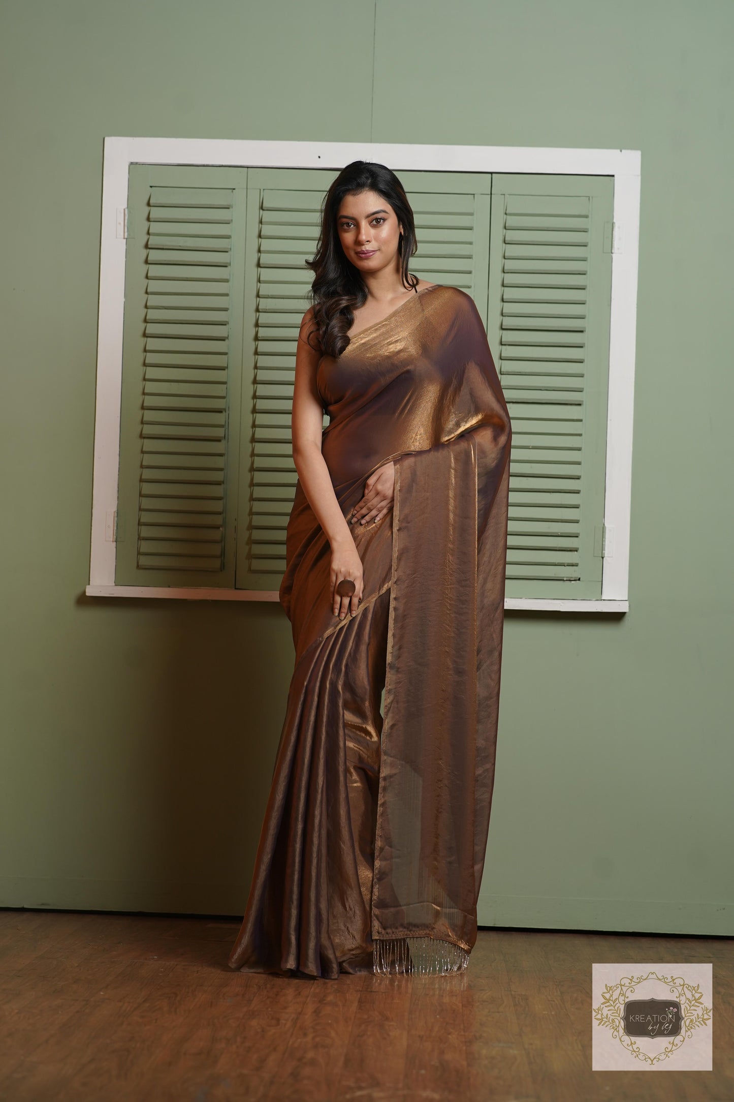 Molten Chocolate Metallic Shimmer Satin Saree kreationbykj